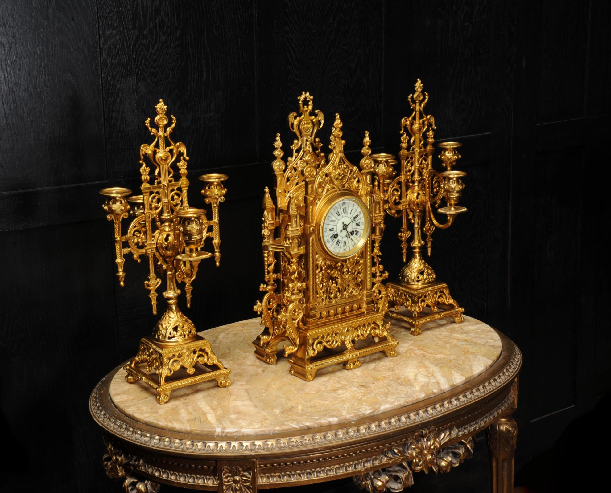 Japy Freres Antique French Gilt Bronze Gothic Clock Set 6