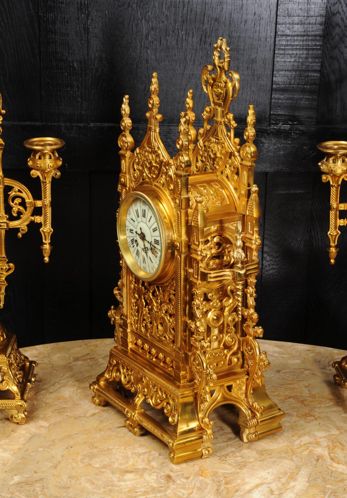Japy Freres Antique French Gilt Bronze Gothic Clock Set 7