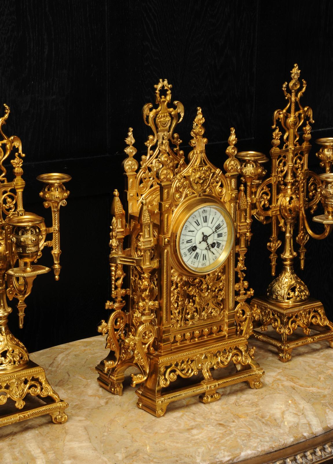 Japy Freres Antique French Gilt Bronze Gothic Clock Set 8