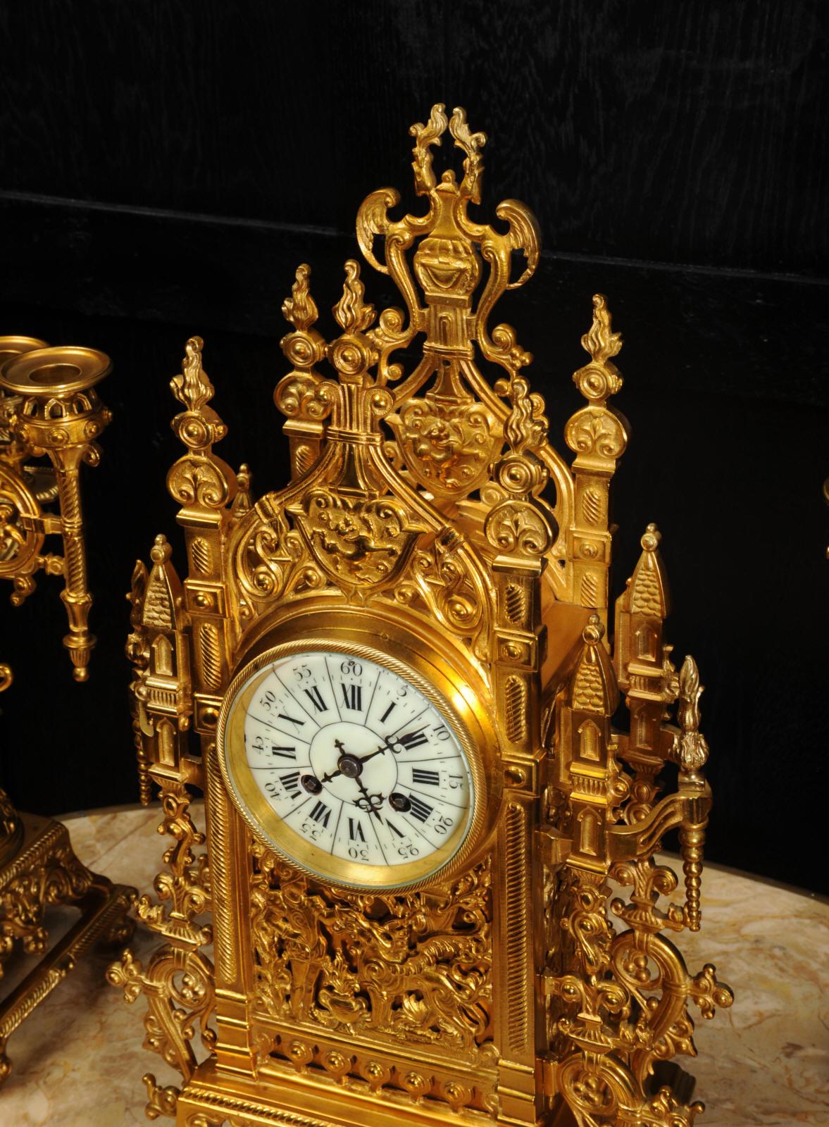 Japy Freres Antique French Gilt Bronze Gothic Clock Set 9