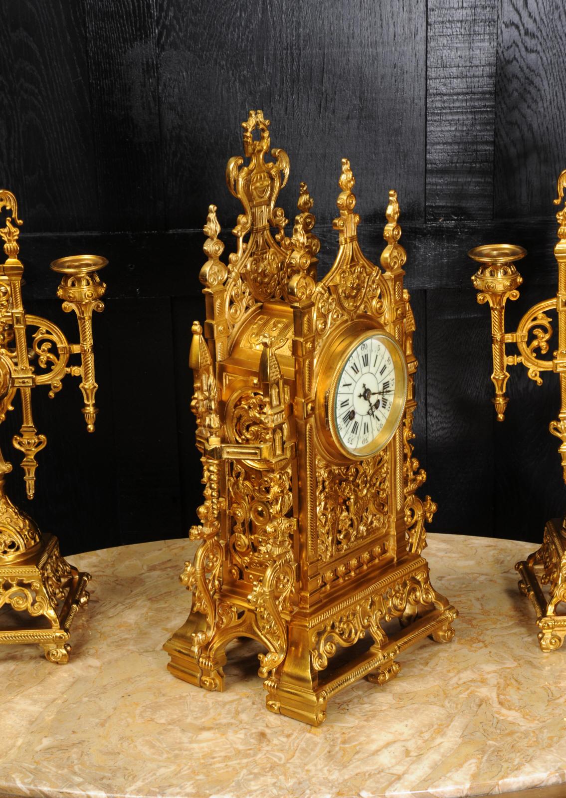 Japy Freres Antique French Gilt Bronze Gothic Clock Set 10