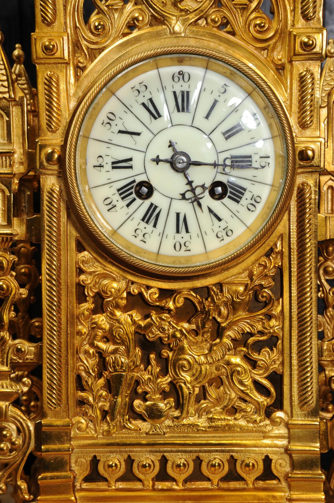 Japy Freres Antique French Gilt Bronze Gothic Clock Set 13