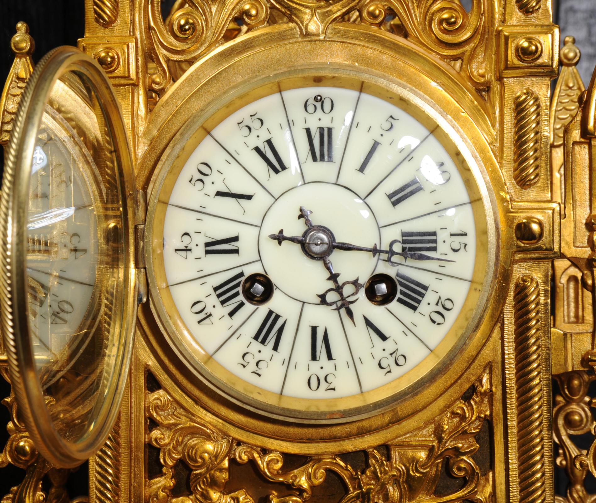 Japy Freres Antique French Gilt Bronze Gothic Clock Set 14