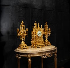 Japy Freres Antique French Gilt Bronze Gothic Clock Set