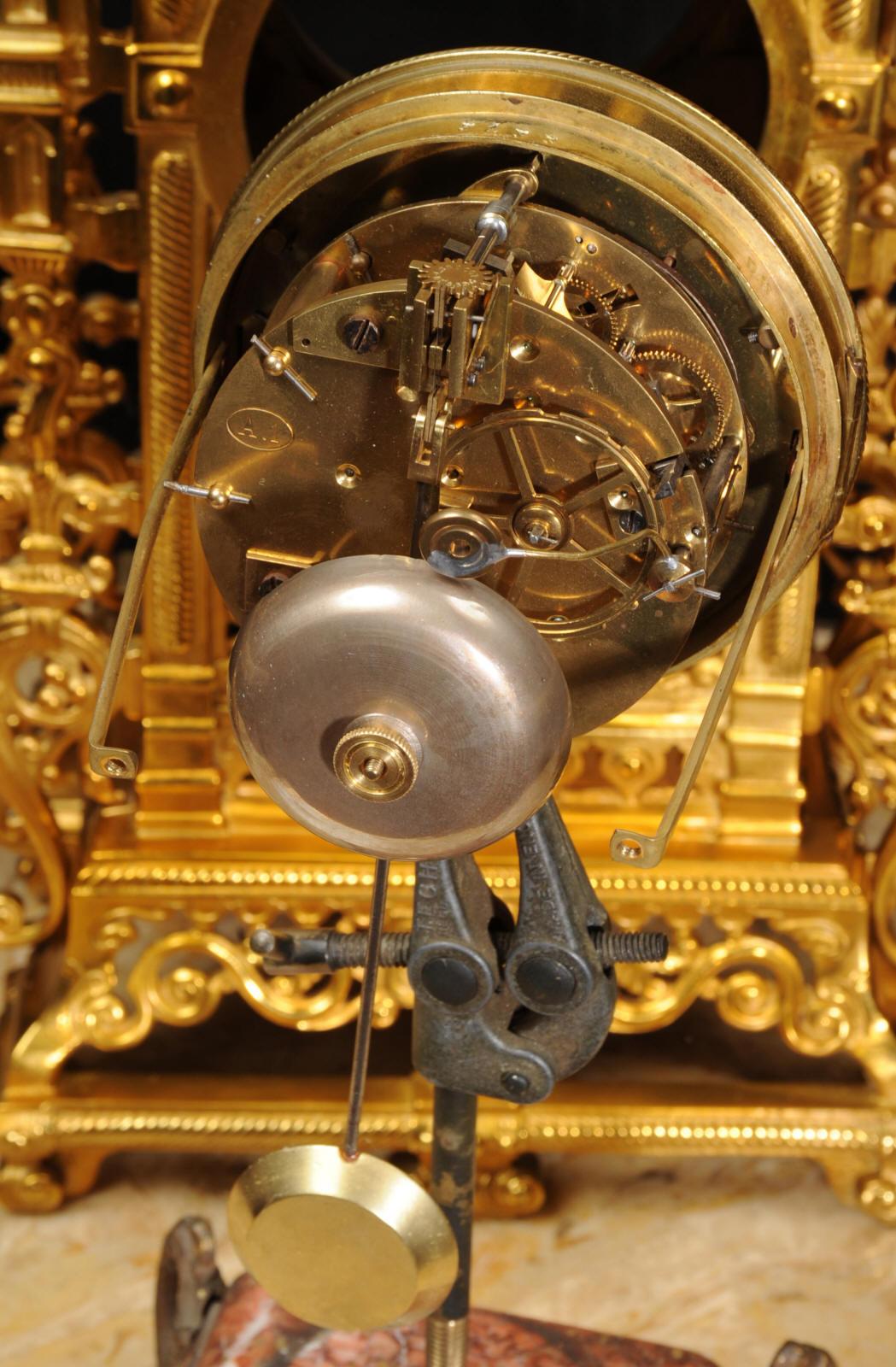Japy Freres Antique French Gilt Bronze Gothic Clock Set 16