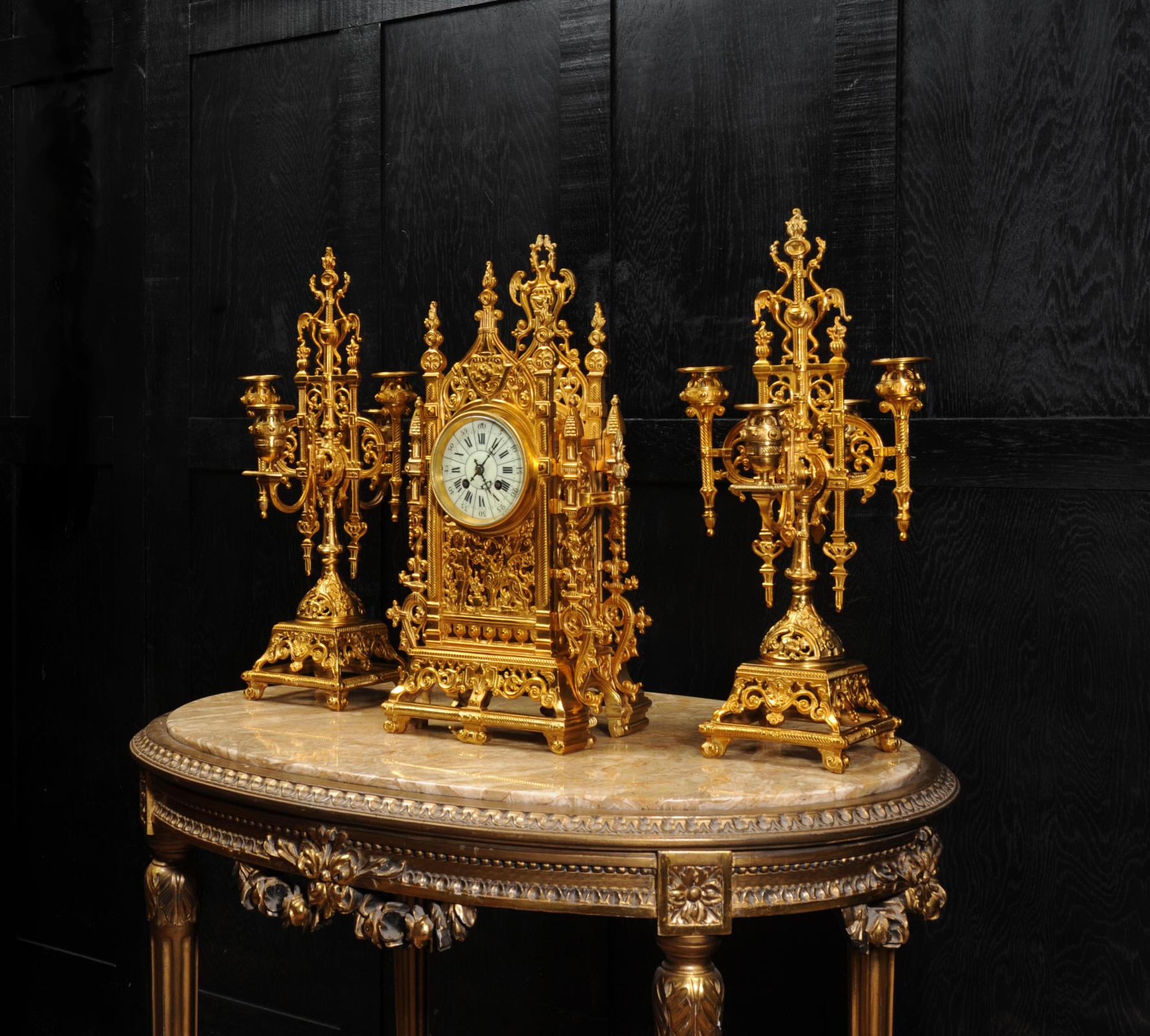 Japy Freres Antique French Gilt Bronze Gothic Clock Set In Good Condition In Belper, Derbyshire