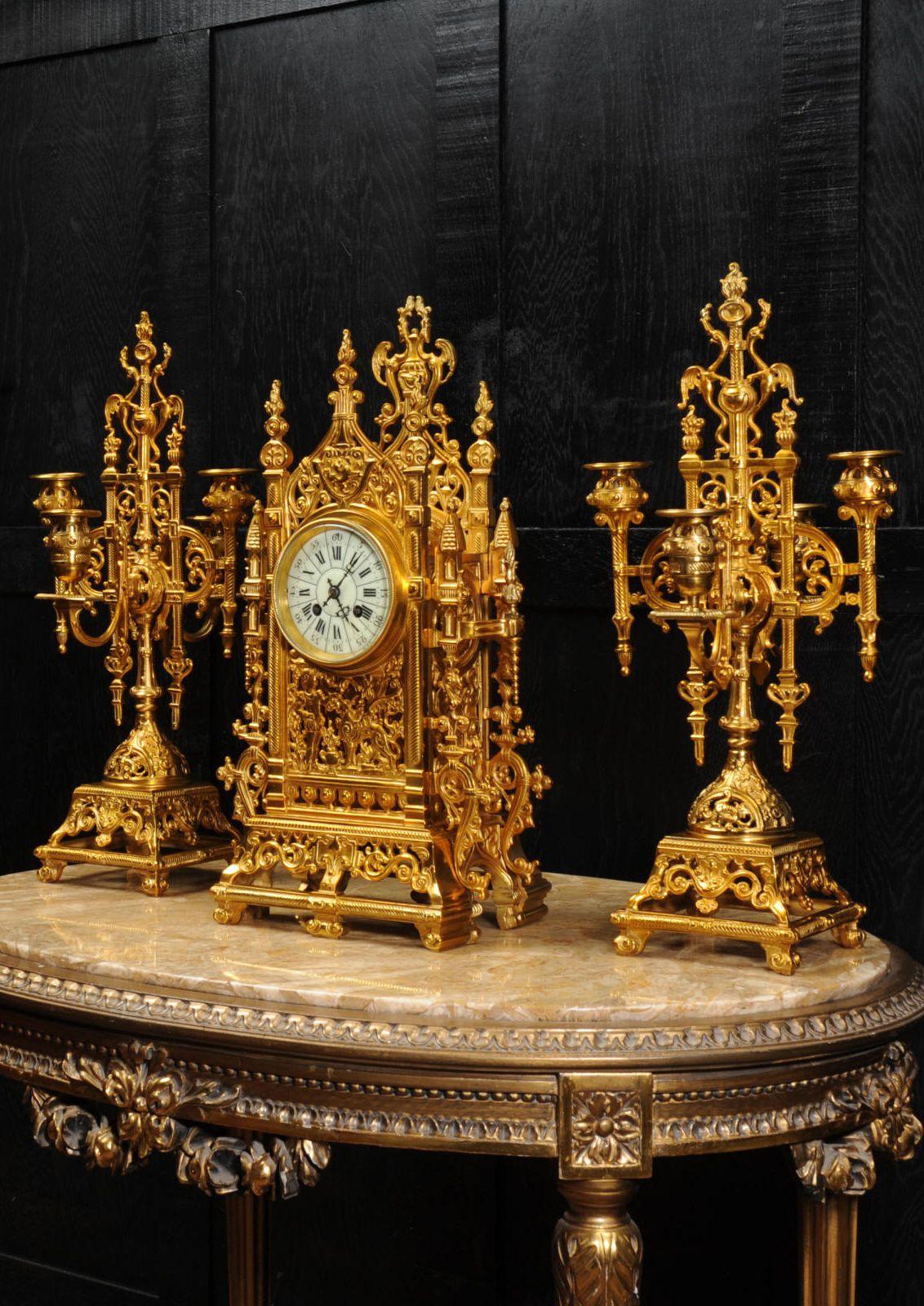 19th Century Japy Freres Antique French Gilt Bronze Gothic Clock Set