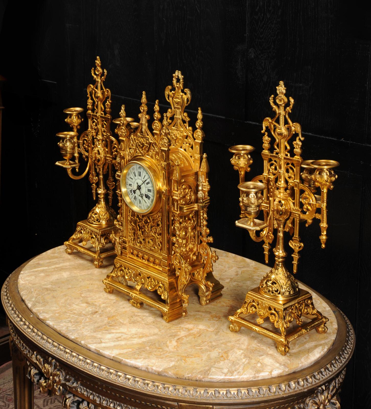 Japy Freres Antique French Gilt Bronze Gothic Clock Set 1
