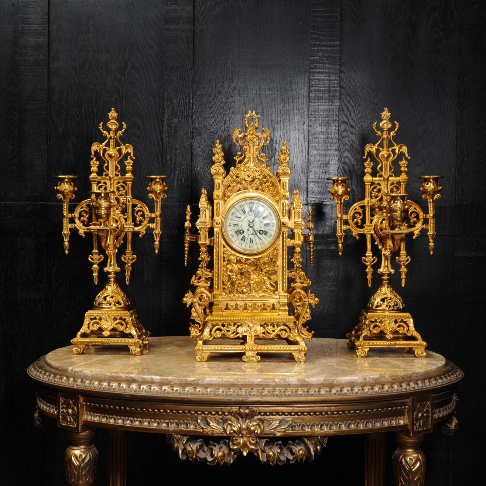 Japy Freres Antique French Gilt Bronze Gothic Clock Set 2