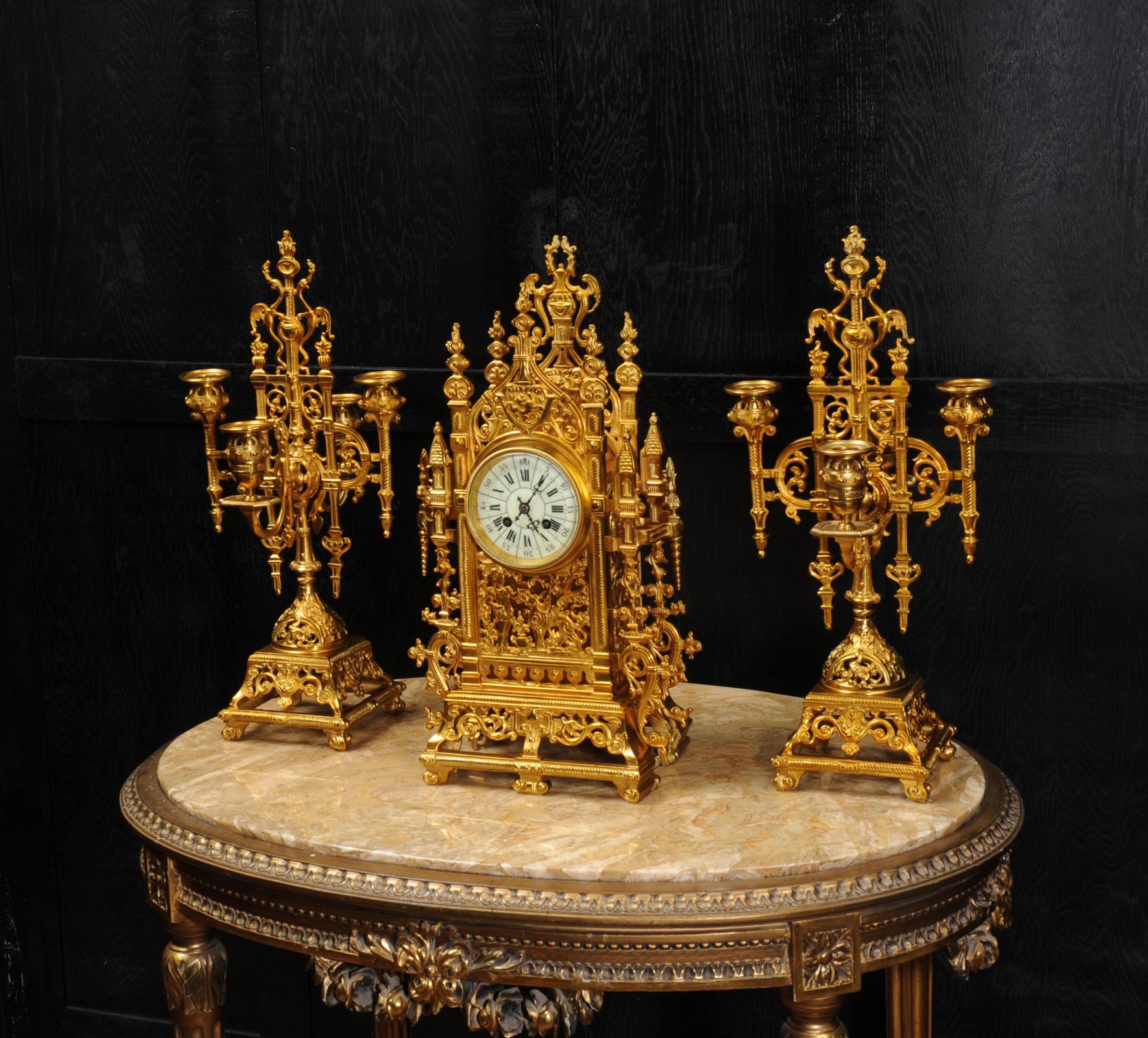 Japy Freres Antique French Gilt Bronze Gothic Clock Set 3