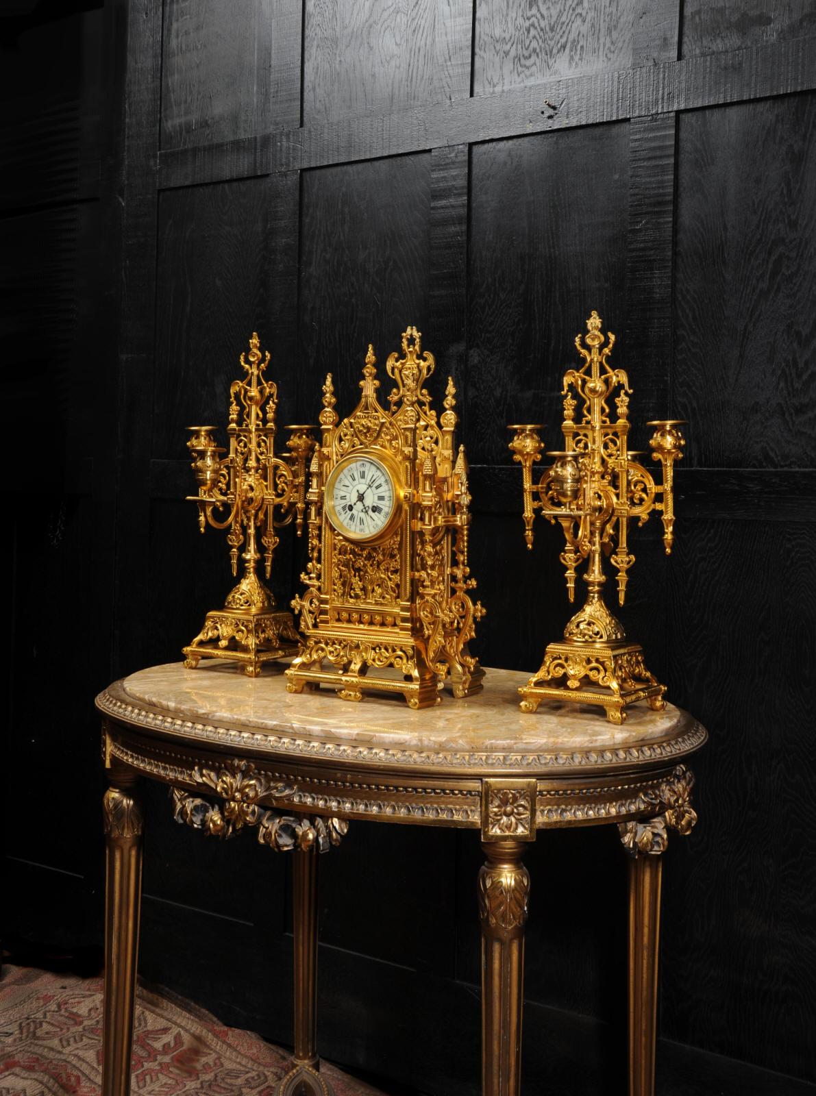 Japy Freres Antique French Gilt Bronze Gothic Clock Set 4