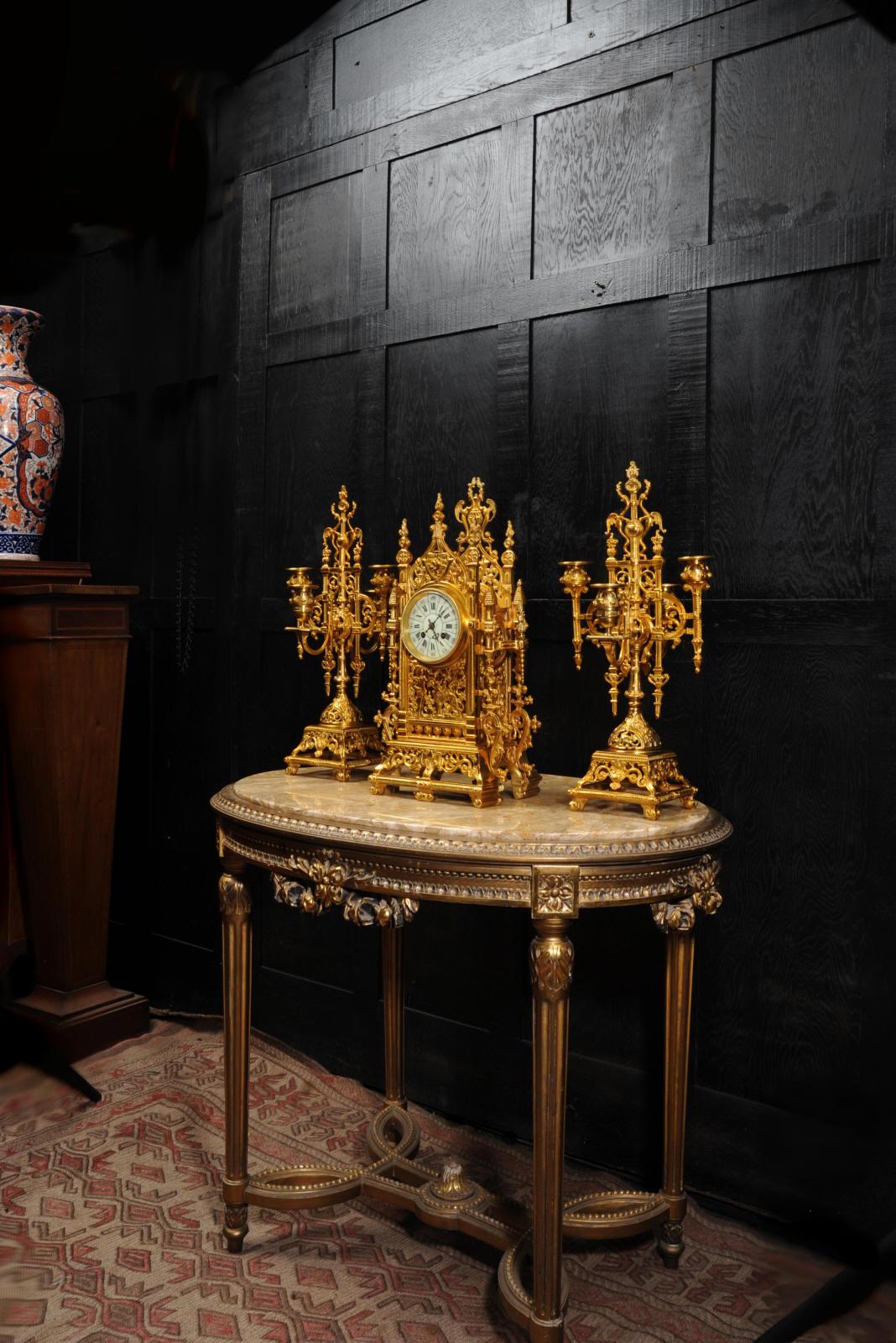 Japy Freres Antique French Gilt Bronze Gothic Clock Set 5