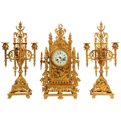 Japy Freres Antique French Gilt Bronze Gothic Clock Set