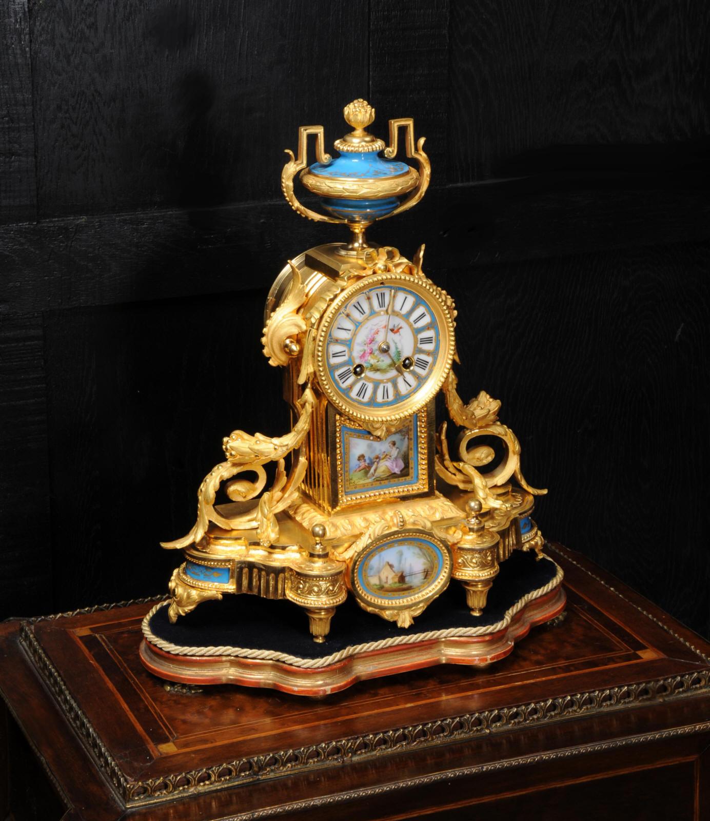 Hand-Painted Japy Freres Antique French Ormolu Bronze and Sevres Porcelain Clock, Dog