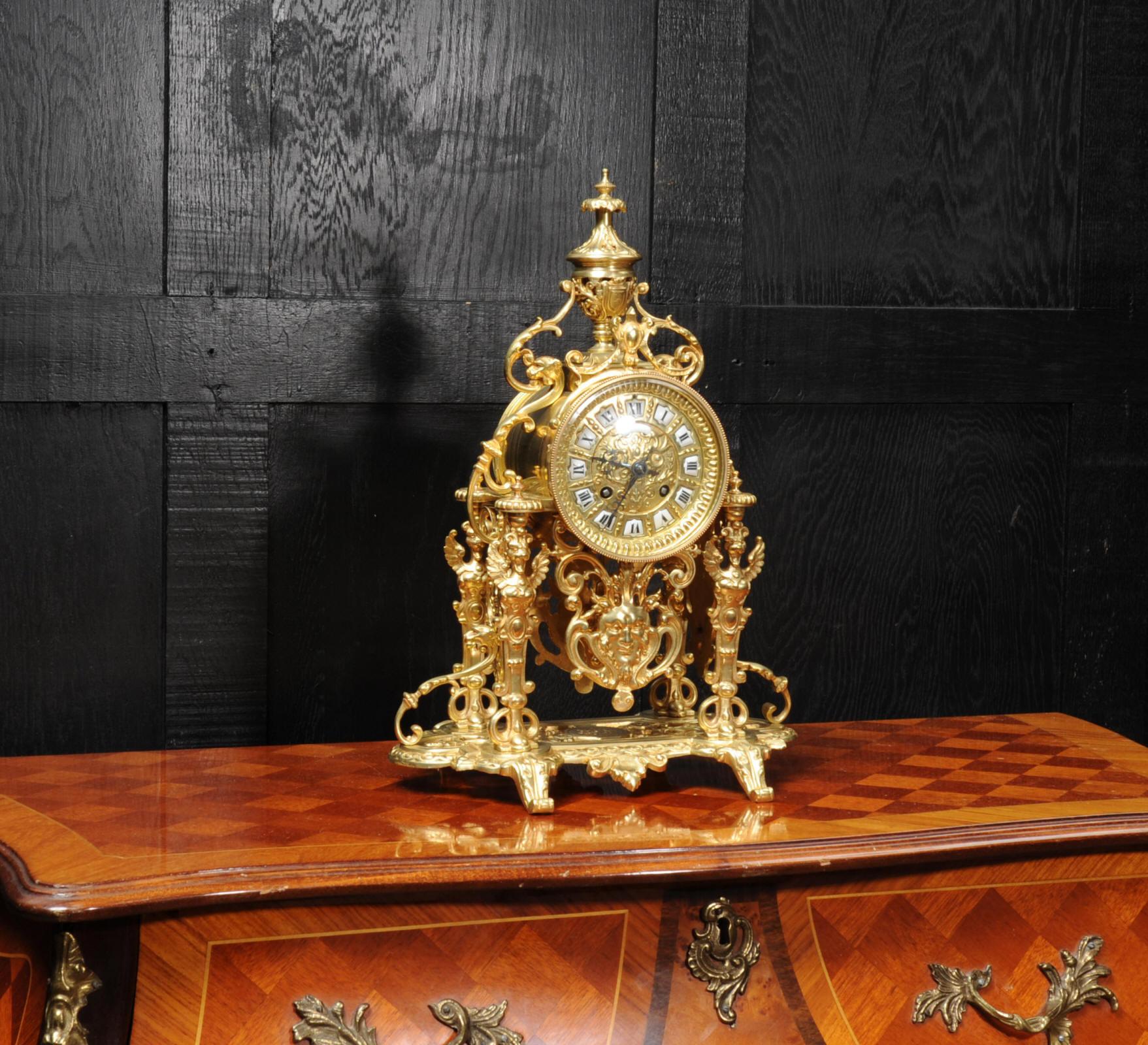 Gilt Japy Frères Baroque Portico Table Clock with Visible Pendulum