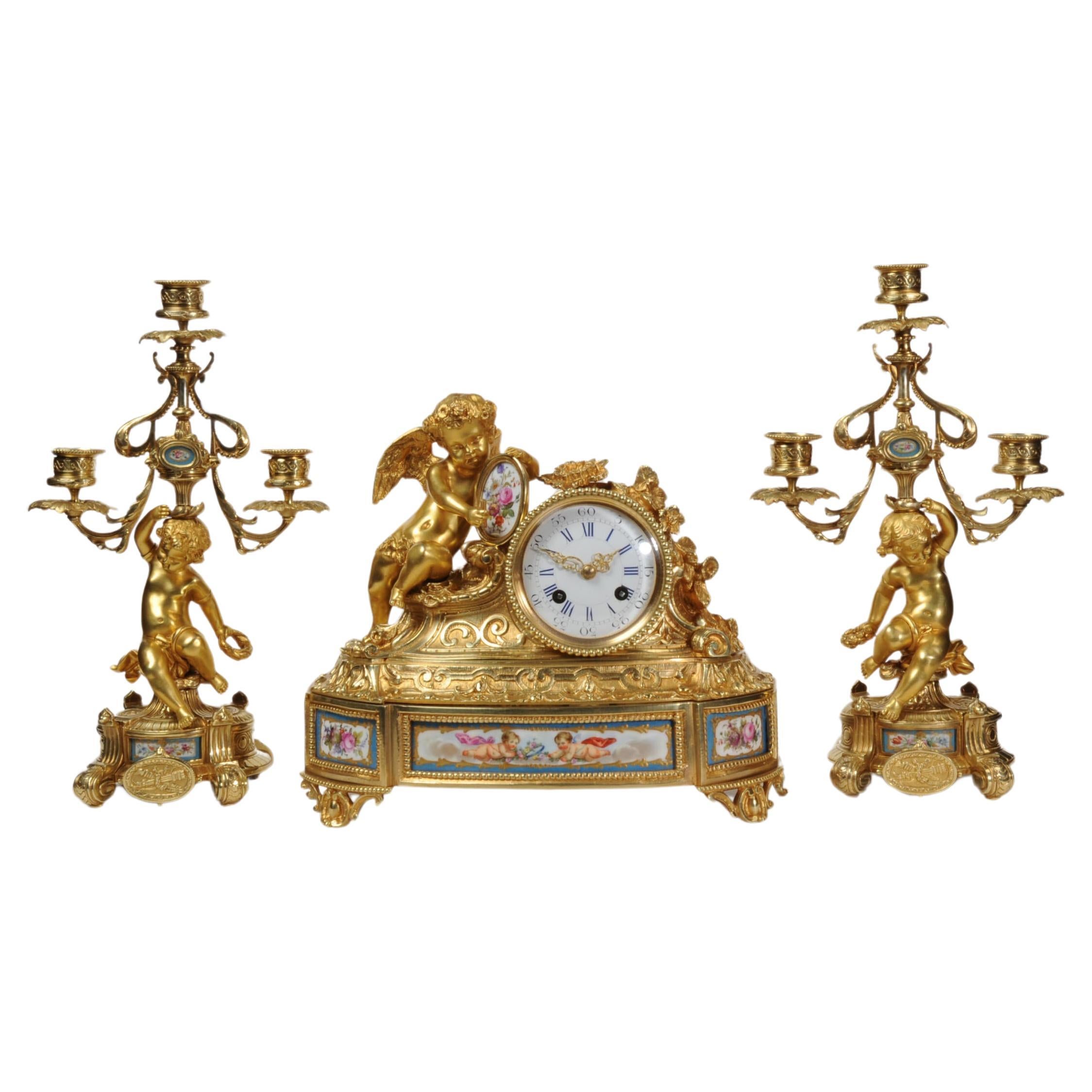 Japy Freres Early Ormolu and Sevres Porcelain Clock Set