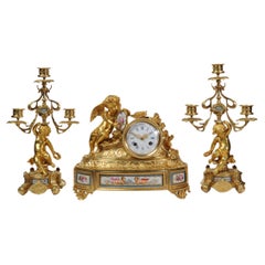 Antique Japy Freres Early Ormolu and Sevres Porcelain Clock Set