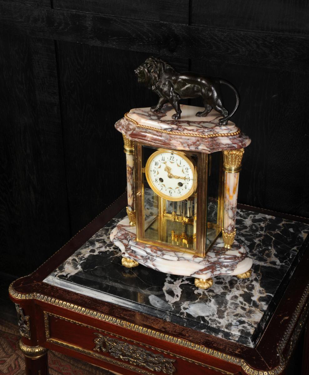 Bronze Japy Frères Four Glass Regulator Clock, Lion