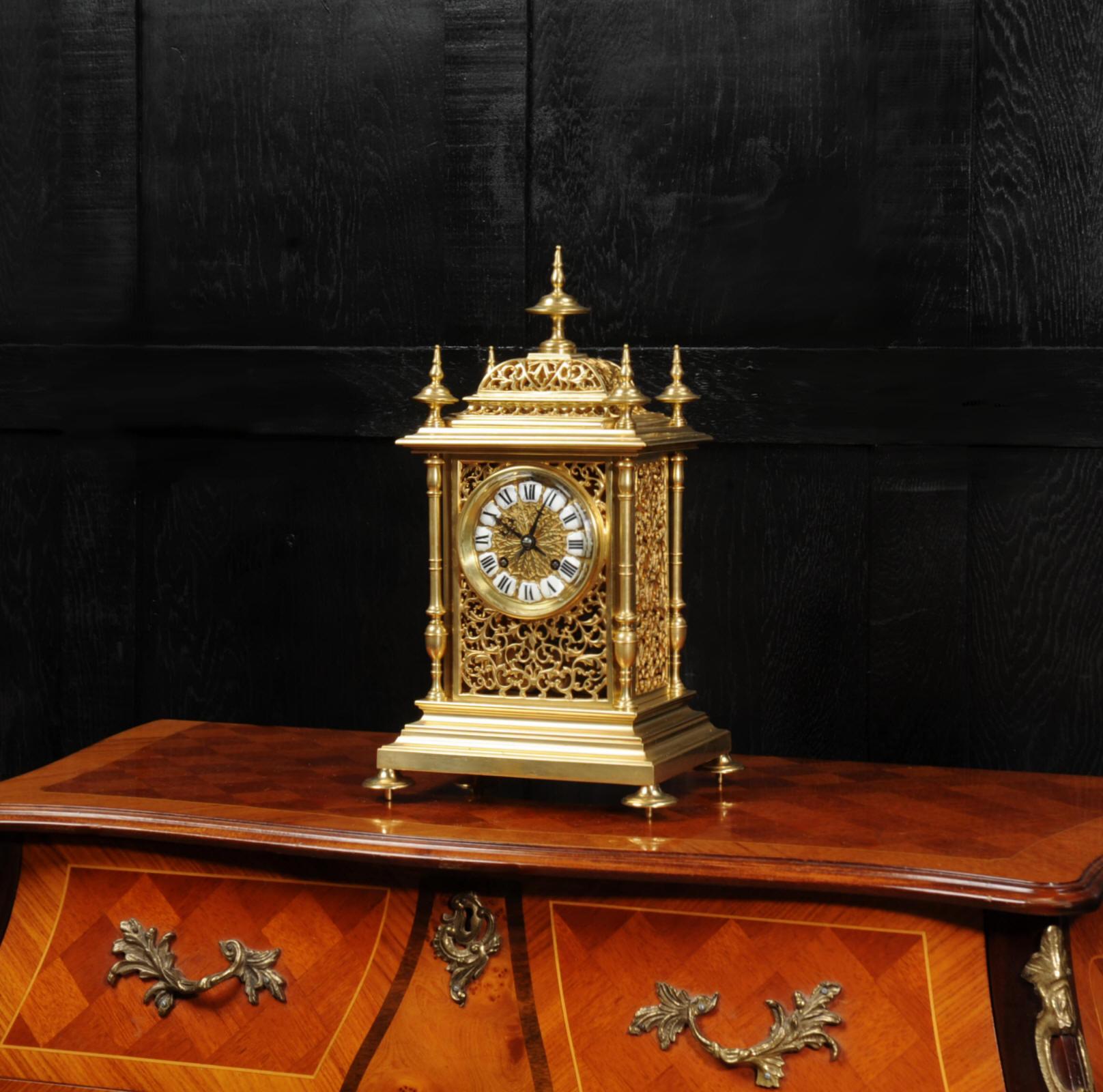 ~ French - Circa 1887 ~

~~ Excellent condition, fully overhauled ~~

A stunning Antique French gilt bronze clock attributed to Maison Baguès of Paris with movement by Japy Freres. It is of chic design with beautifully fretted panels to all