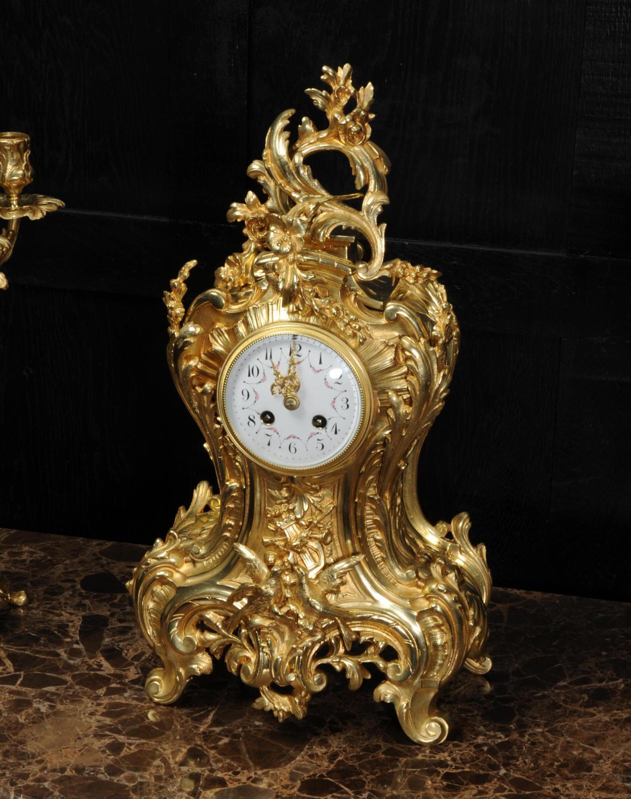 Japy Freres Large Antique French Rococo Gilt Bronze Clock Set 5