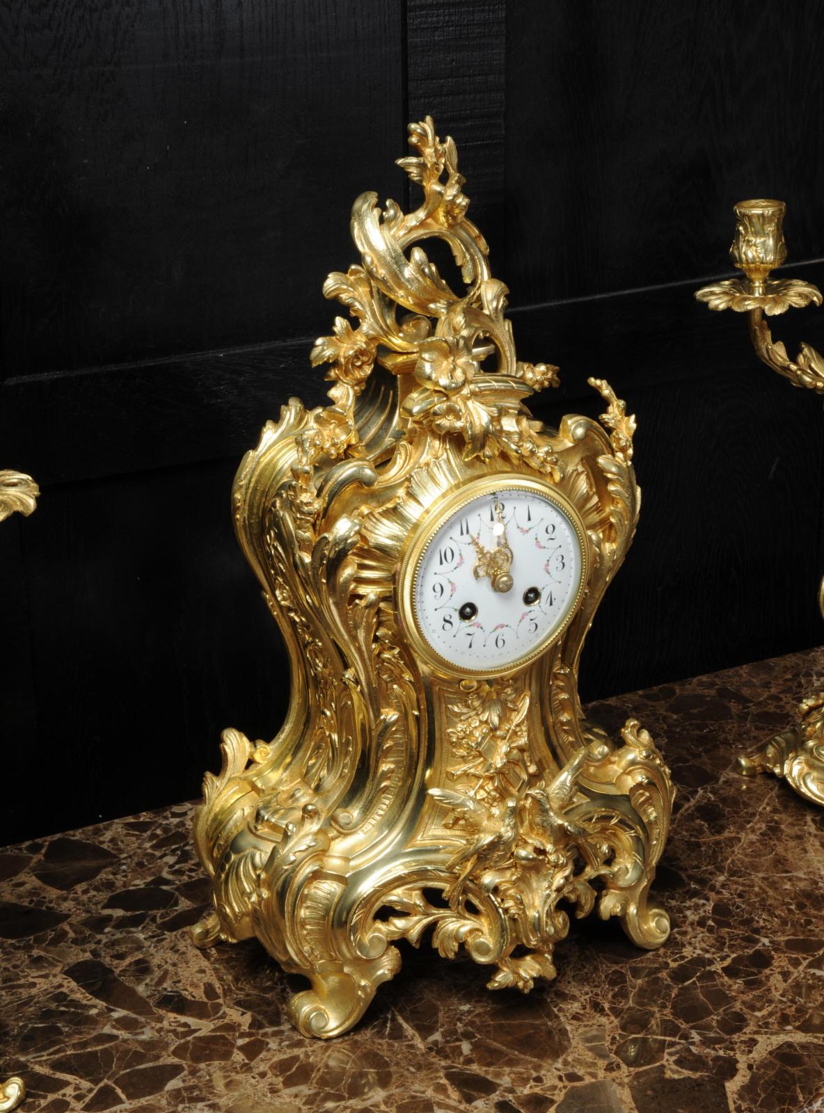 Japy Freres Large Antique French Rococo Gilt Bronze Clock Set 6