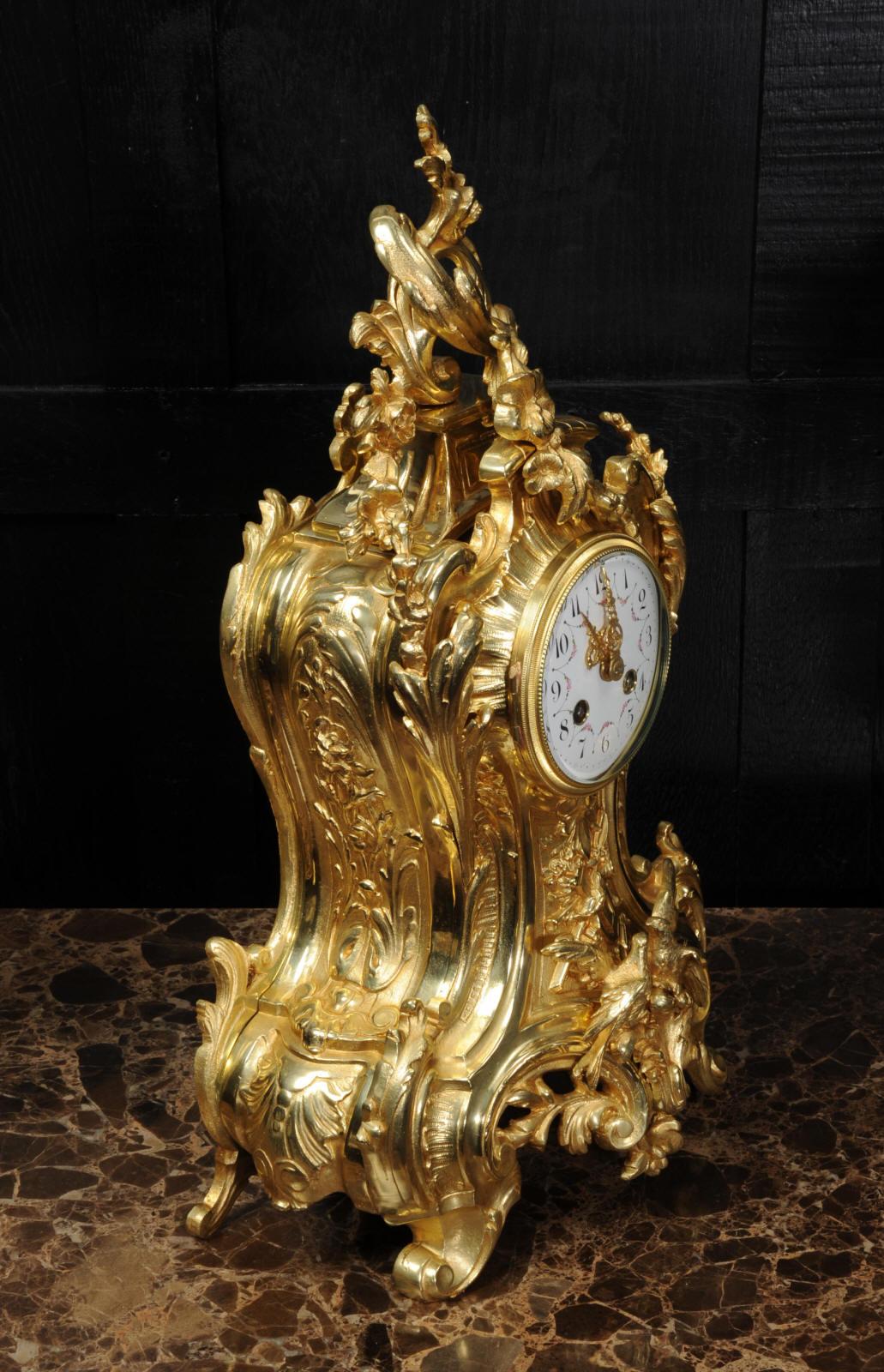 Japy Freres Large Antique French Rococo Gilt Bronze Clock Set 7