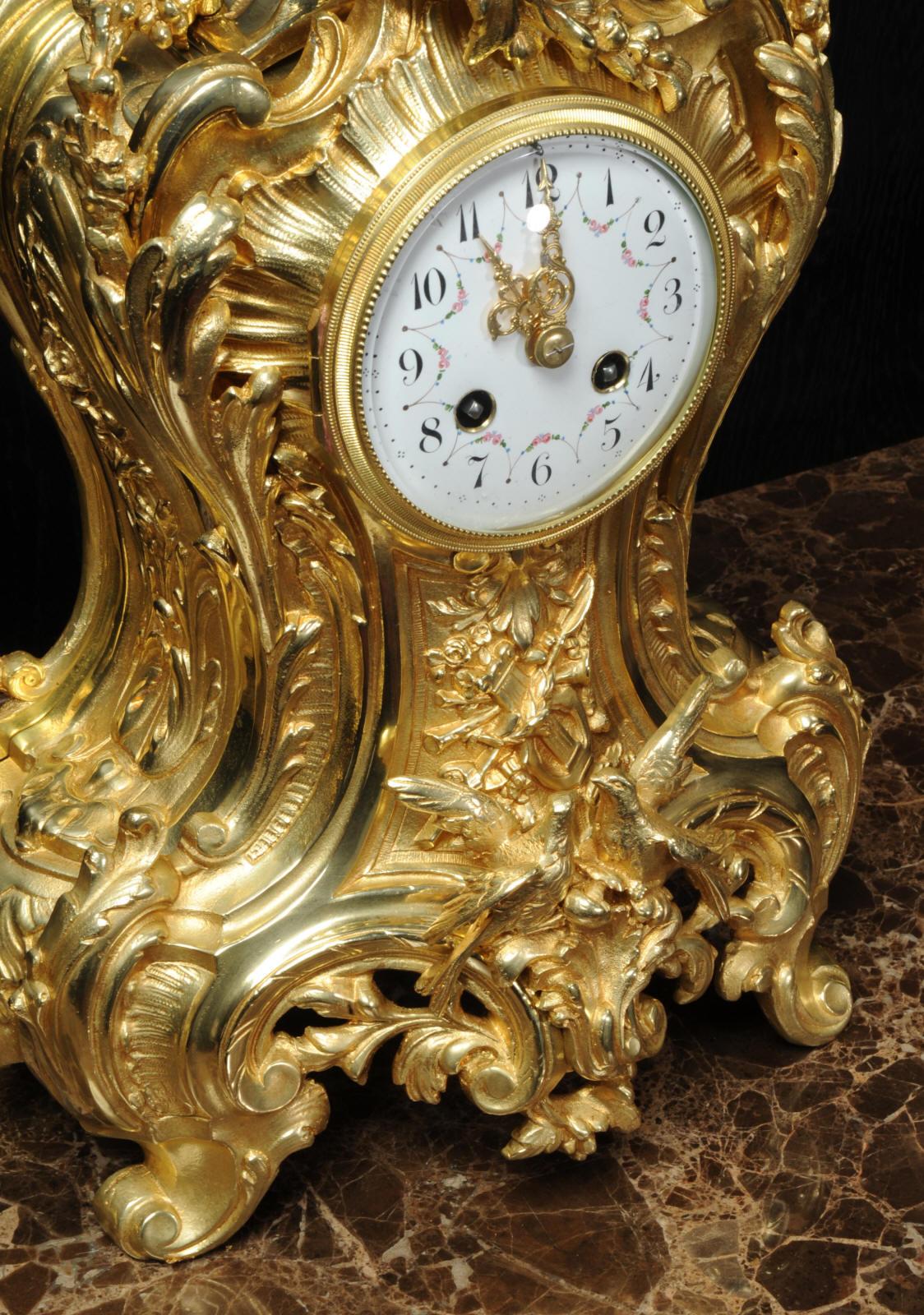 Japy Freres Large Antique French Rococo Gilt Bronze Clock Set 10