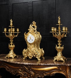 Japy Freres Large Antique French Rococo Gilt Bronze Clock Set
