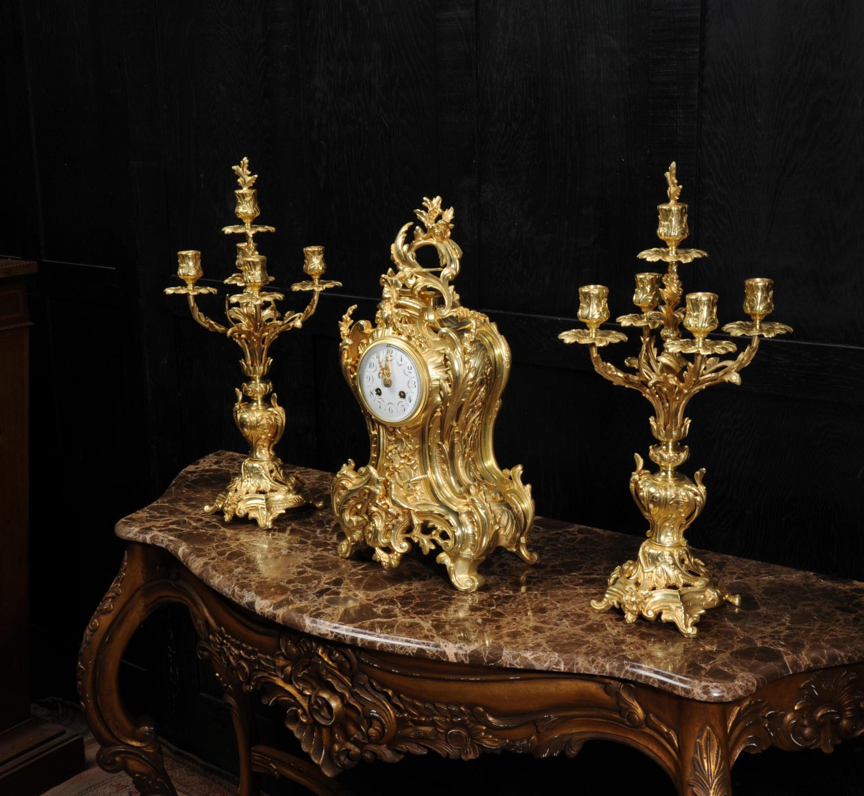 Japy Freres Large Antique French Rococo Gilt Bronze Clock Set In Good Condition In Belper, Derbyshire