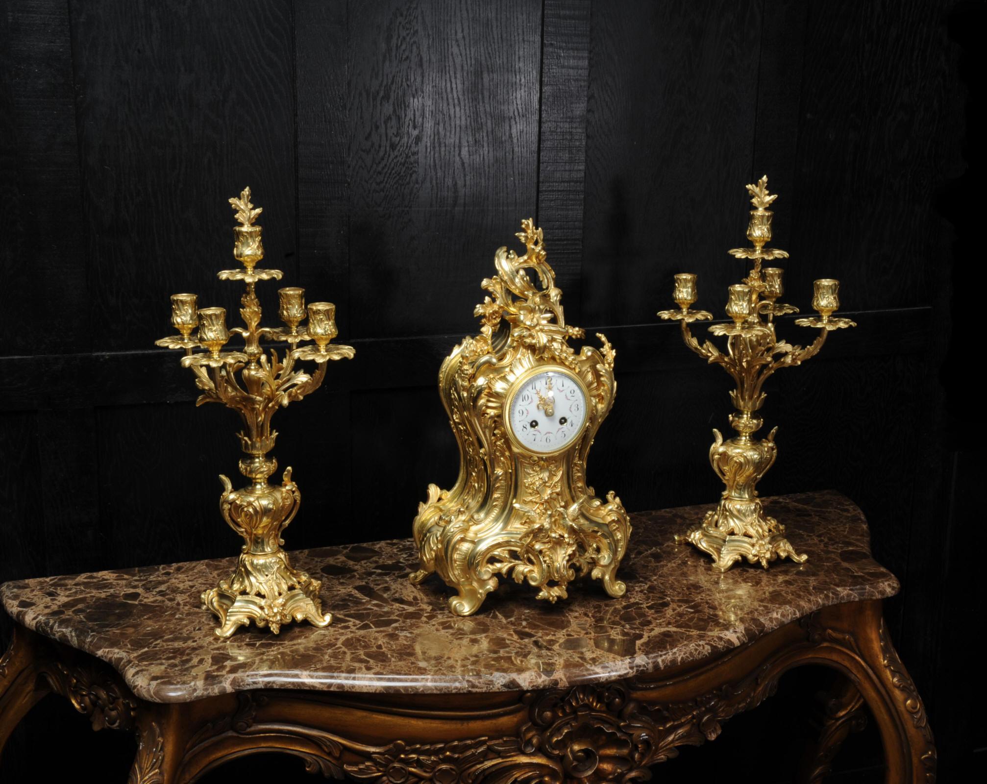 19th Century Japy Freres Large Antique French Rococo Gilt Bronze Clock Set