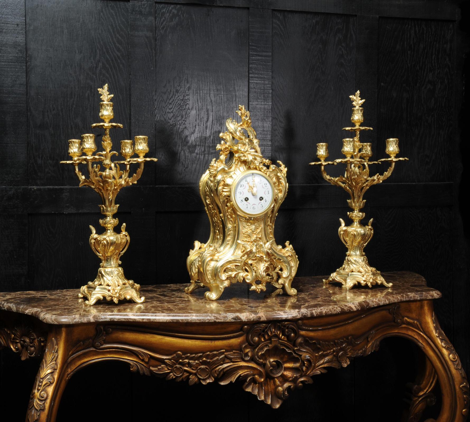 Japy Freres Large Antique French Rococo Gilt Bronze Clock Set 1