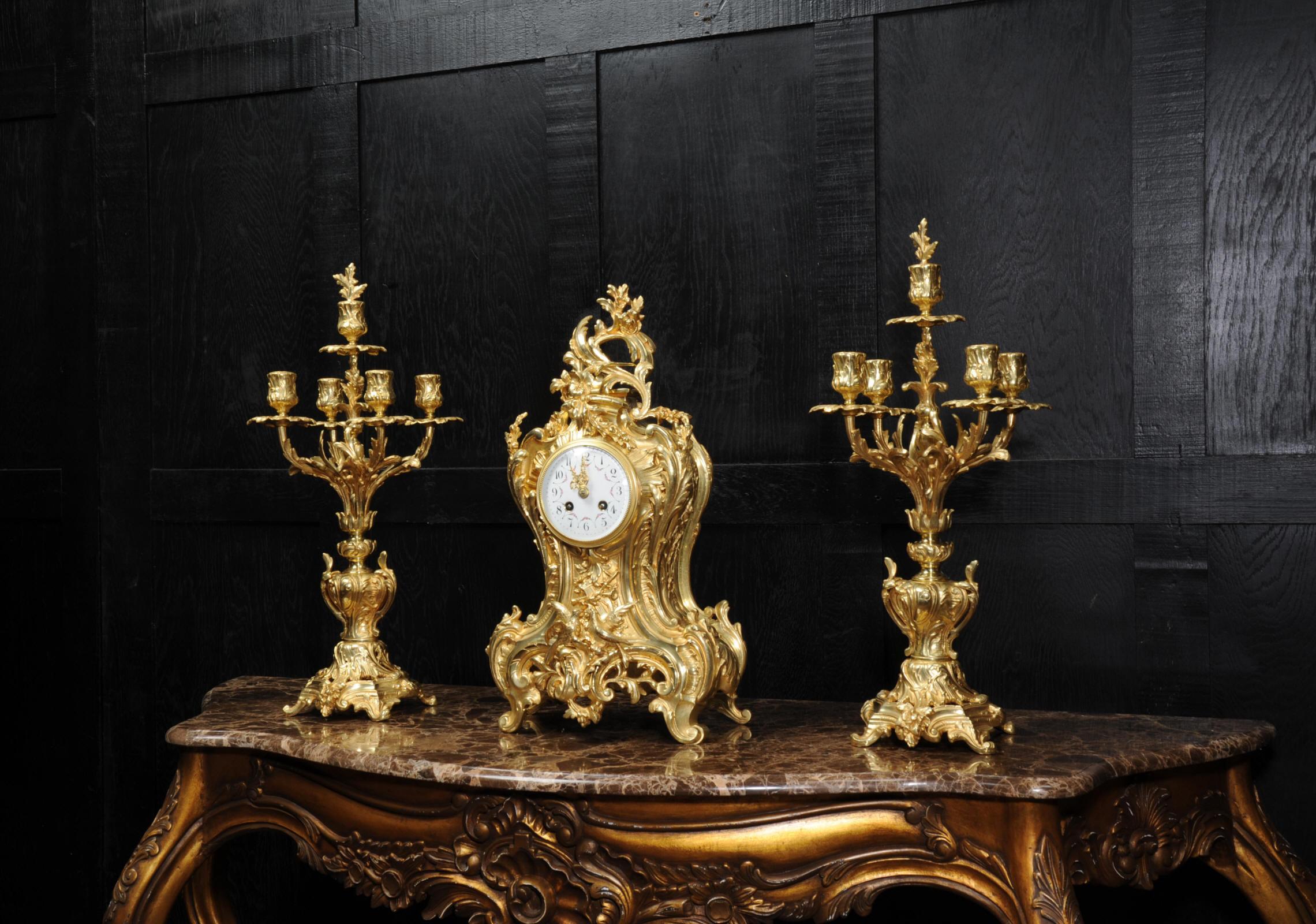 Japy Freres Large Antique French Rococo Gilt Bronze Clock Set 2