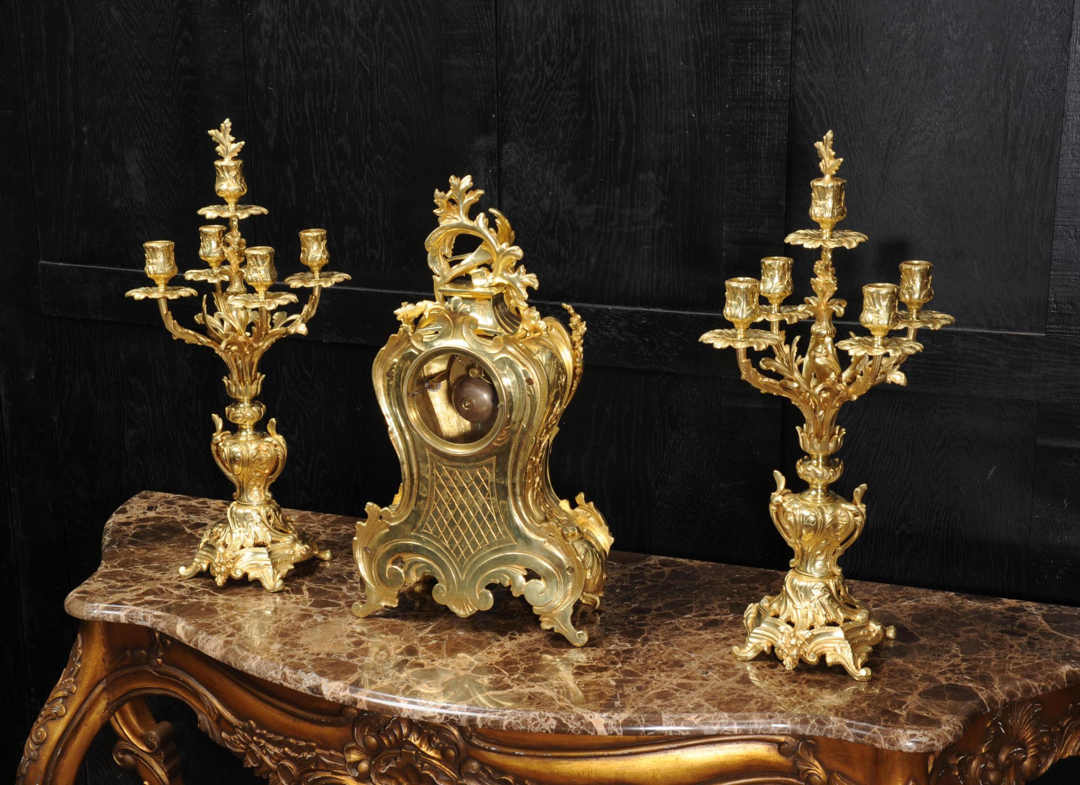 Japy Freres Large Antique French Rococo Gilt Bronze Clock Set 3