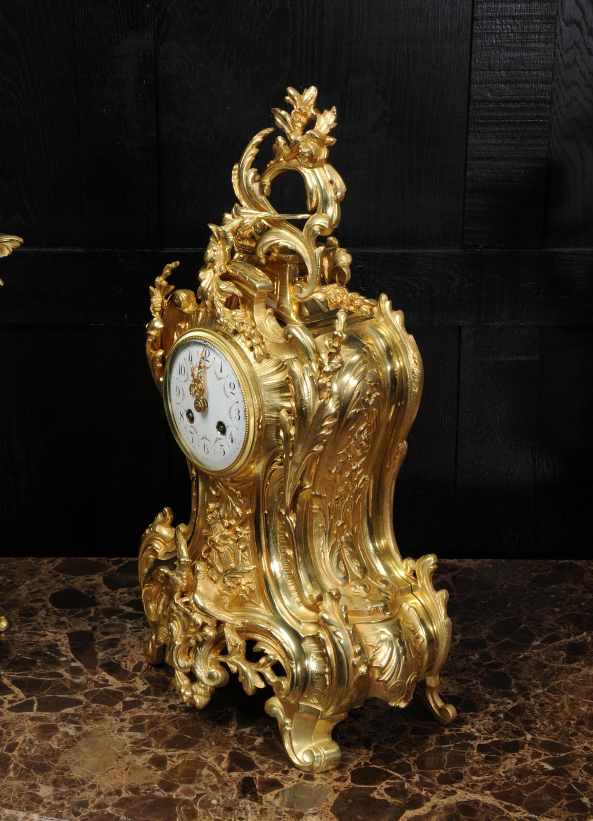 Japy Freres Large Antique French Rococo Gilt Bronze Clock Set 4