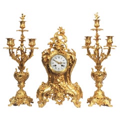 Japy Freres Large Antique French Rococo Gilt Bronze Clock Set