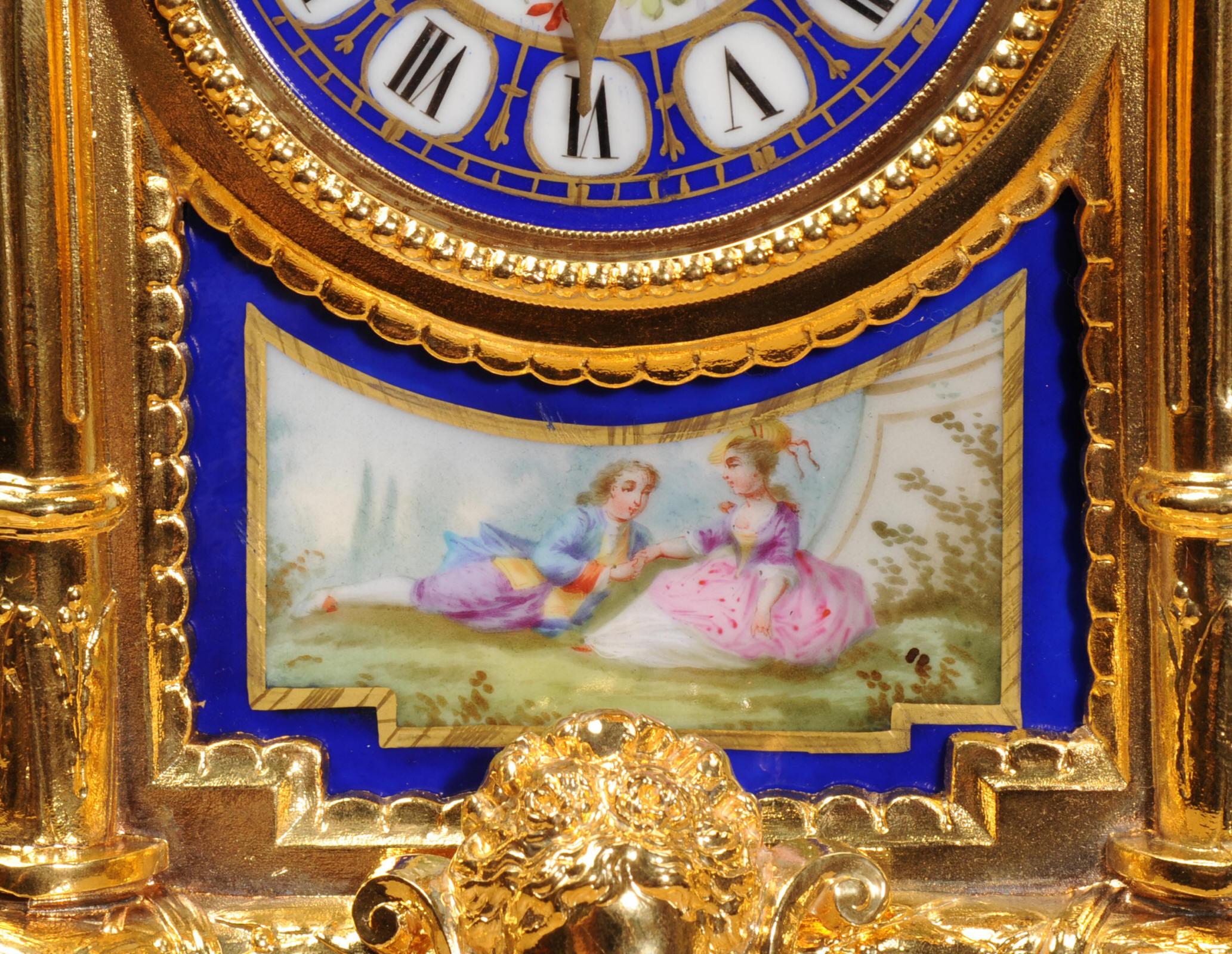 Japy Frères Large Gilt and Sèvres Porcelain Baroque Antique Clock Set 4