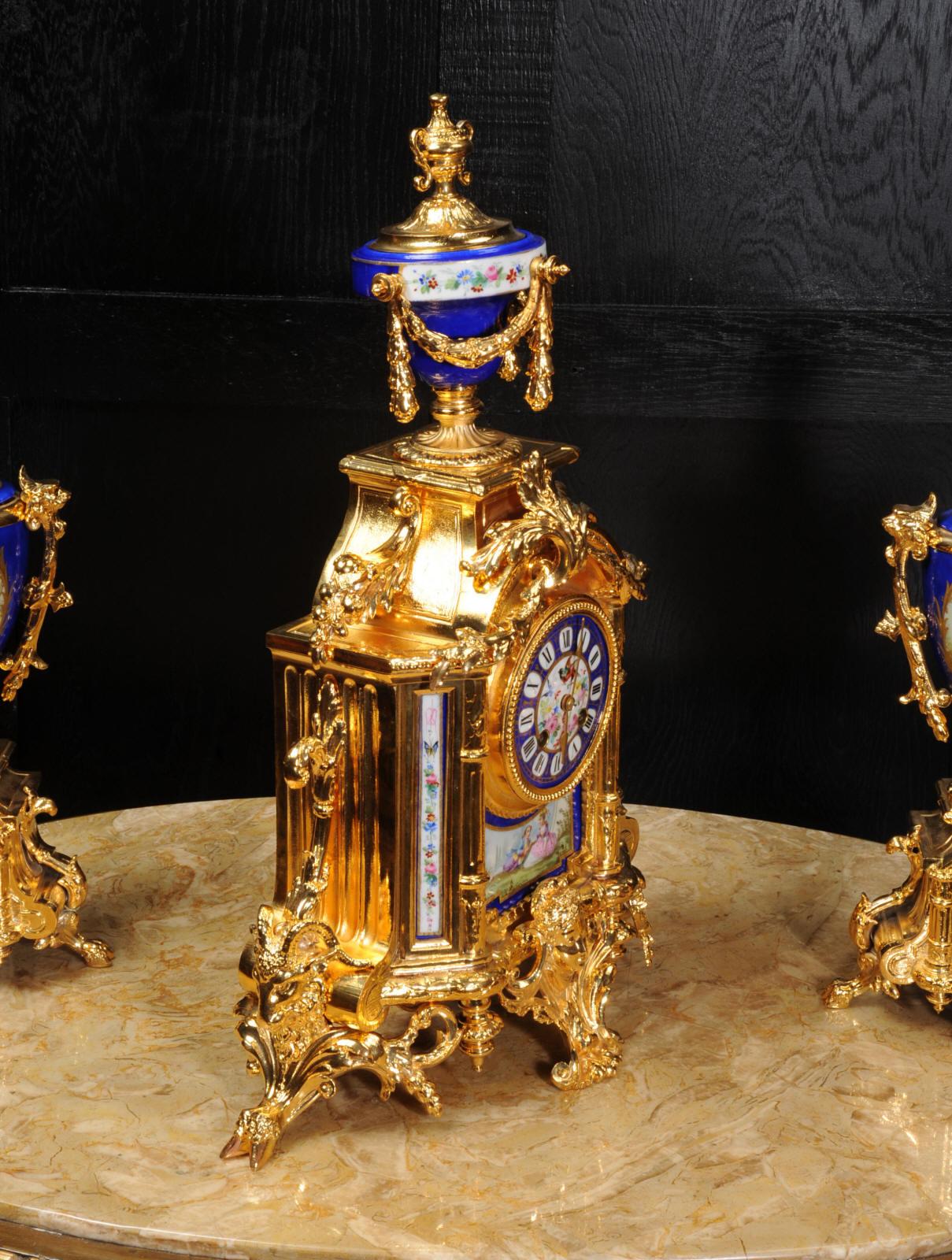 Japy Frères Large Gilt and Sèvres Porcelain Baroque Antique Clock Set 6
