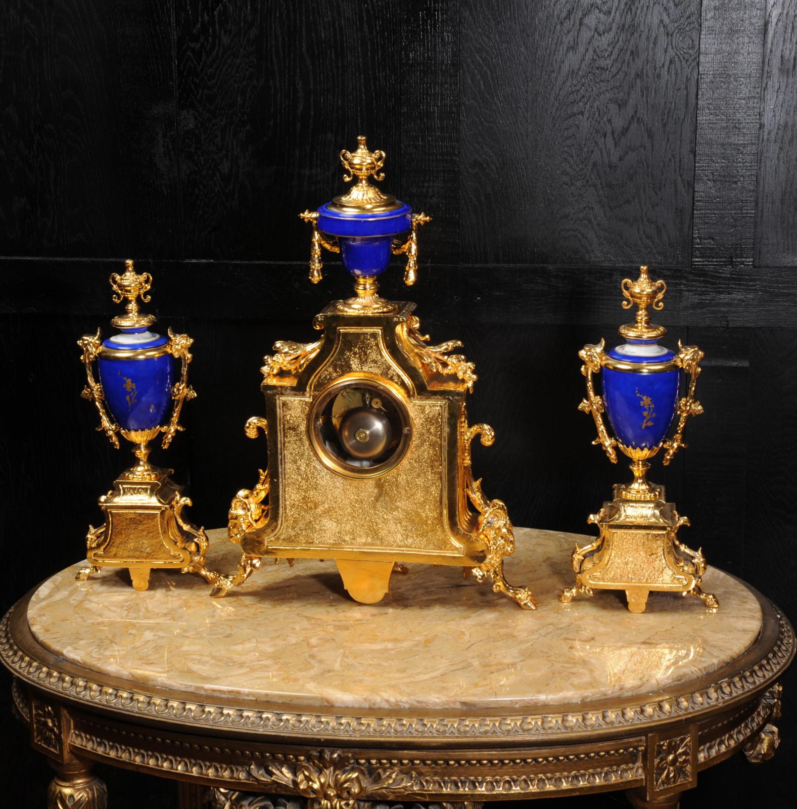 Japy Frères Large Gilt and Sèvres Porcelain Baroque Antique Clock Set 7