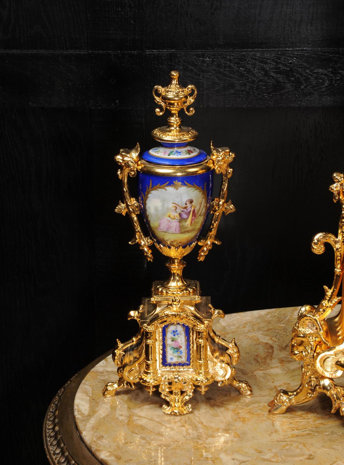 Japy Frères Large Gilt and Sèvres Porcelain Baroque Antique Clock Set 8