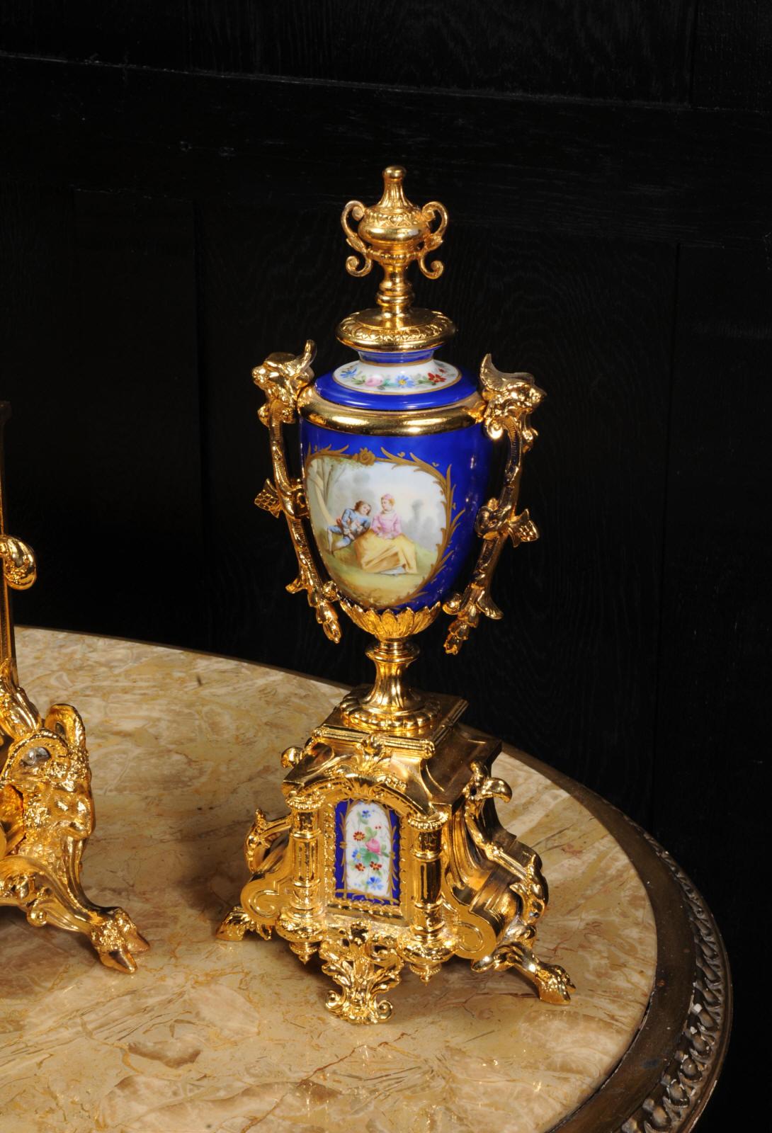 Japy Frères Large Gilt and Sèvres Porcelain Baroque Antique Clock Set 9