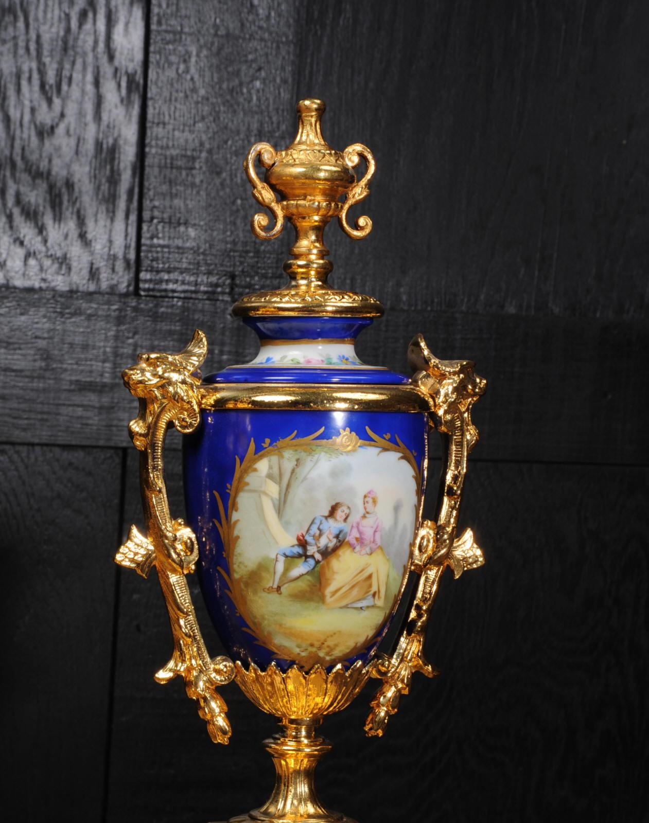 Japy Frères Large Gilt and Sèvres Porcelain Baroque Antique Clock Set 11