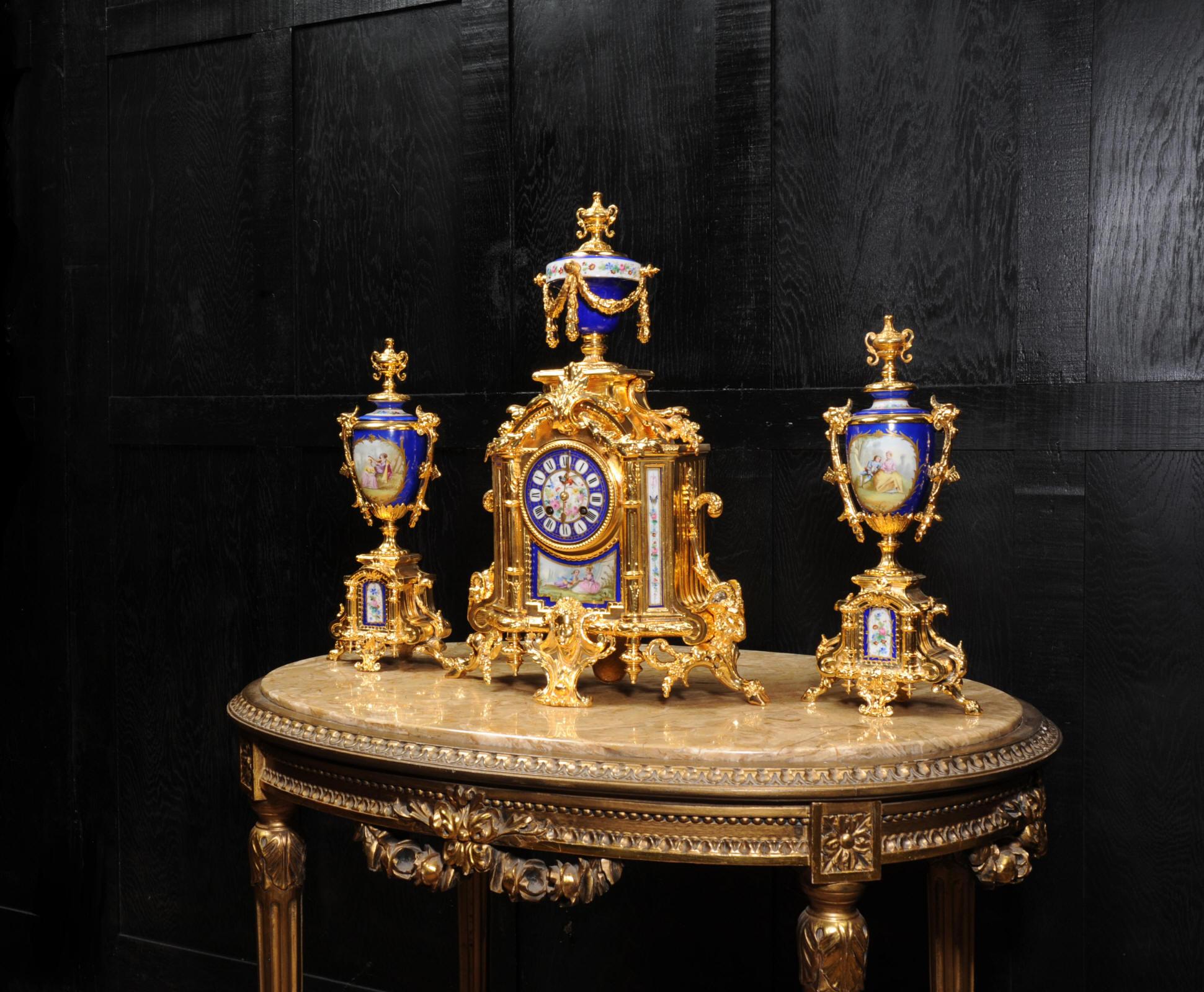 French Japy Frères Large Gilt and Sèvres Porcelain Baroque Antique Clock Set