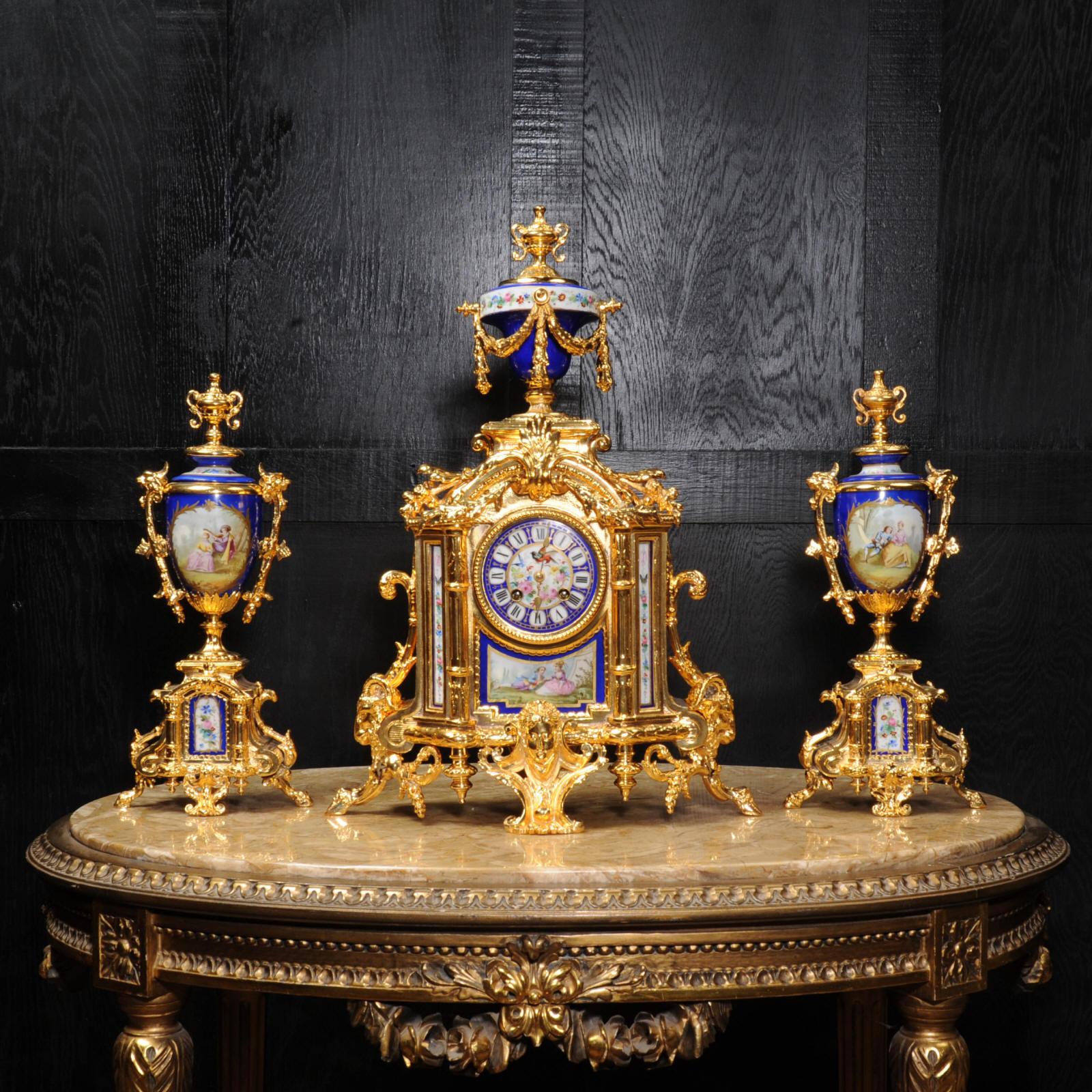 Japy Frères Large Gilt and Sèvres Porcelain Baroque Antique Clock Set In Good Condition In Belper, Derbyshire