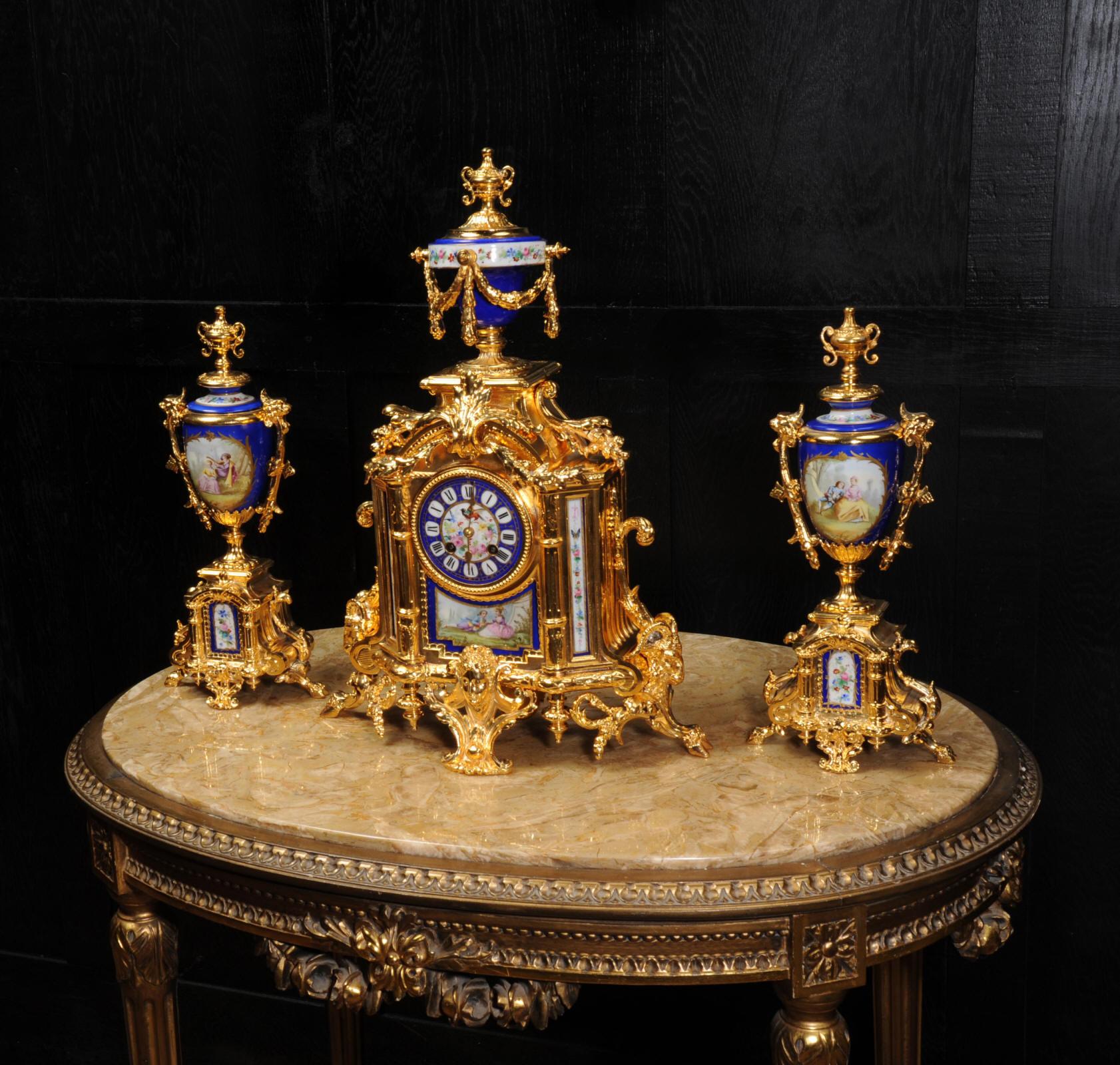 19th Century Japy Frères Large Gilt and Sèvres Porcelain Baroque Antique Clock Set