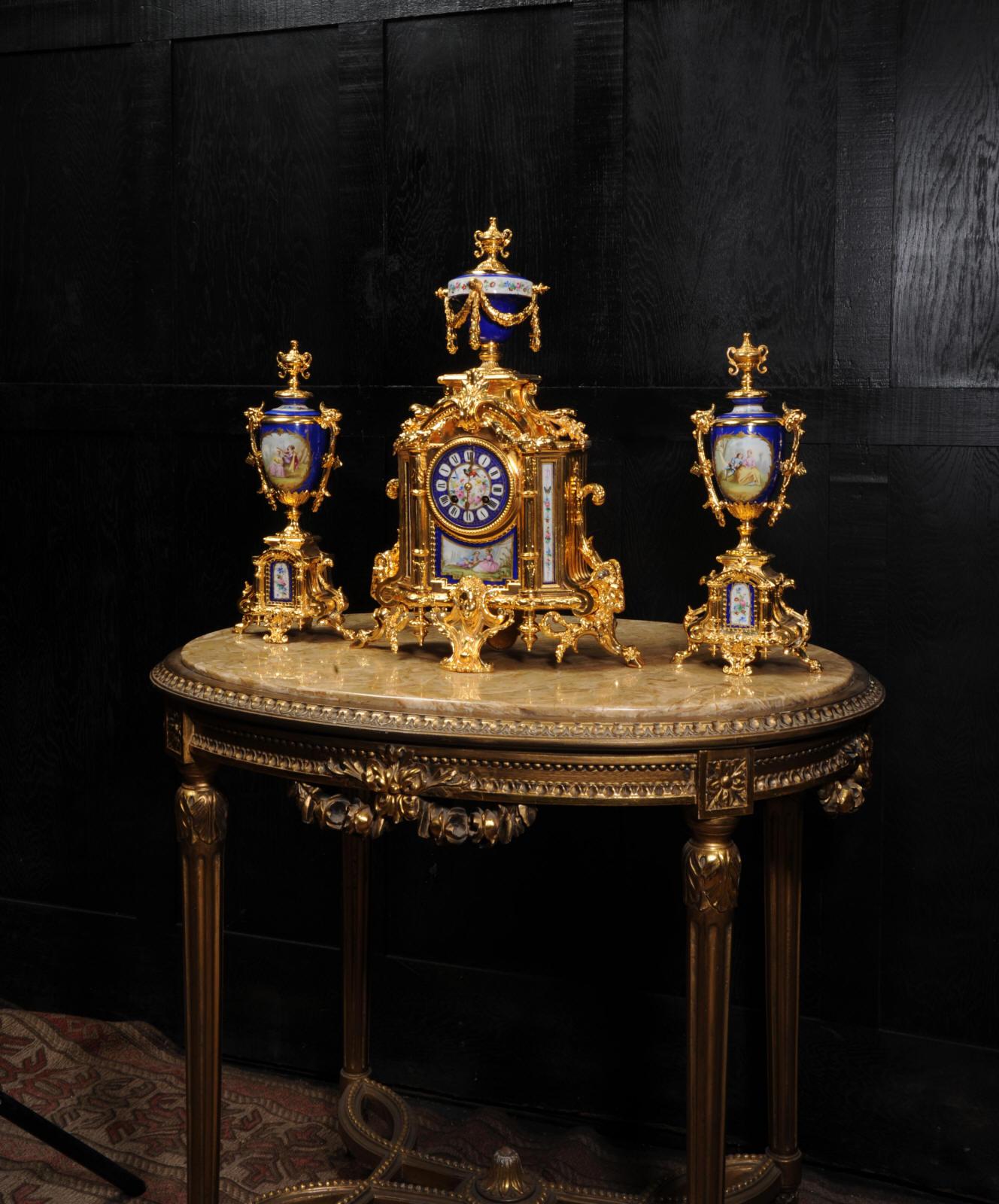 Metal Japy Frères Large Gilt and Sèvres Porcelain Baroque Antique Clock Set