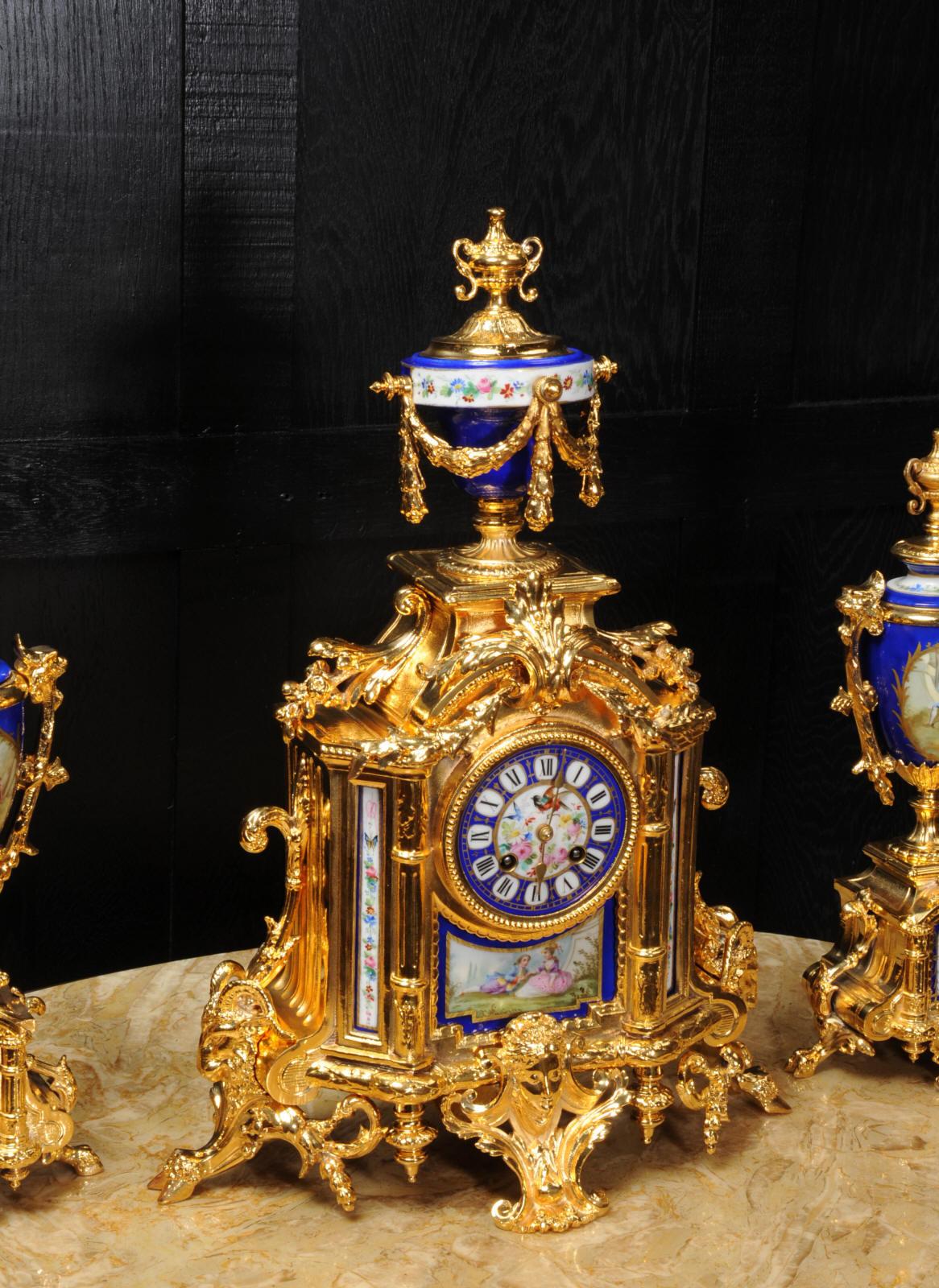 Japy Frères Large Gilt and Sèvres Porcelain Baroque Antique Clock Set 1