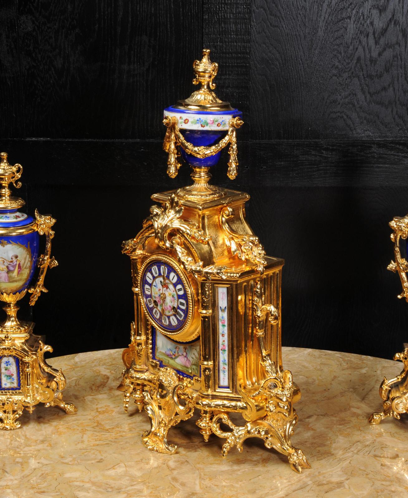 Japy Frères Large Gilt and Sèvres Porcelain Baroque Antique Clock Set 2