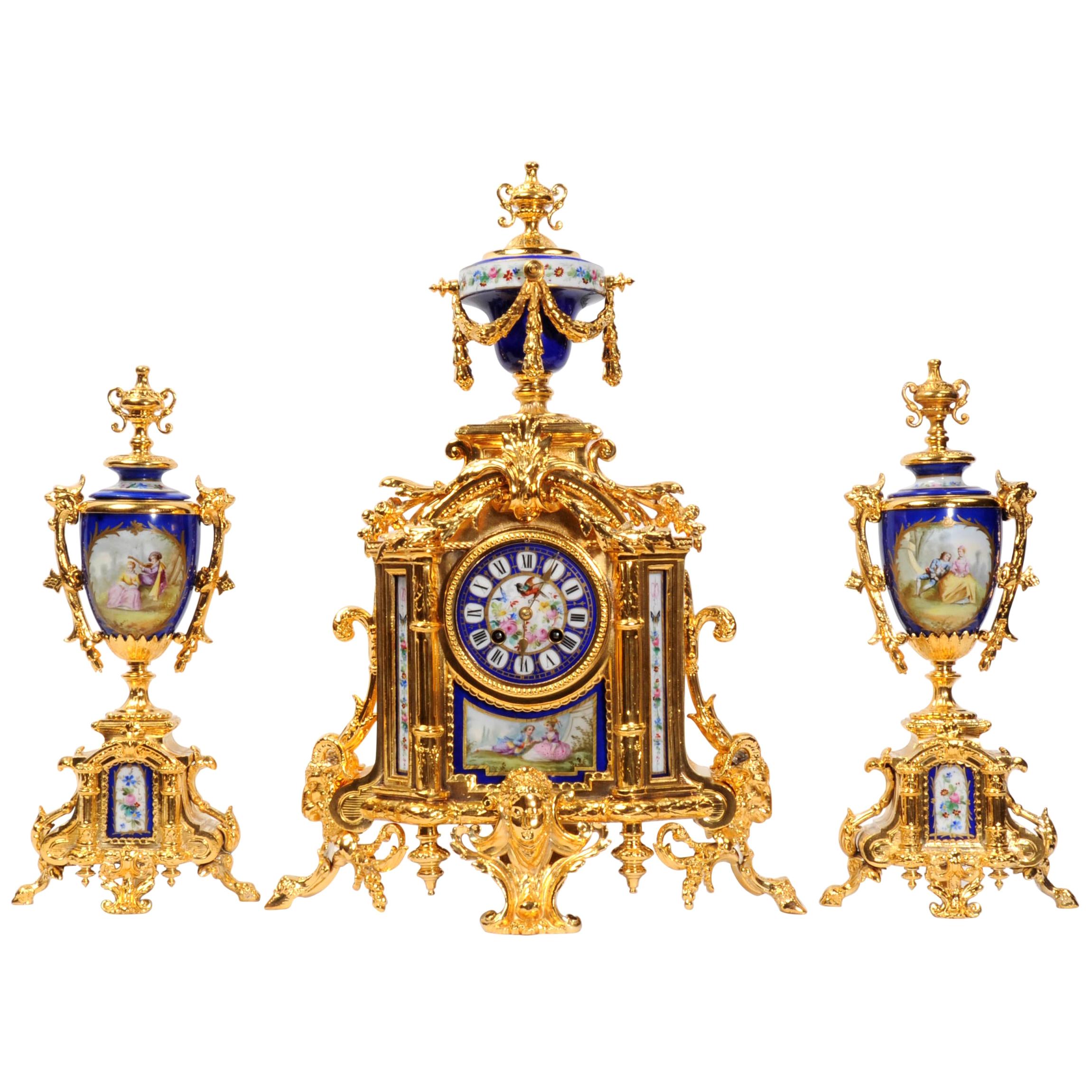 Japy Frères Large Gilt and Sèvres Porcelain Baroque Antique Clock Set