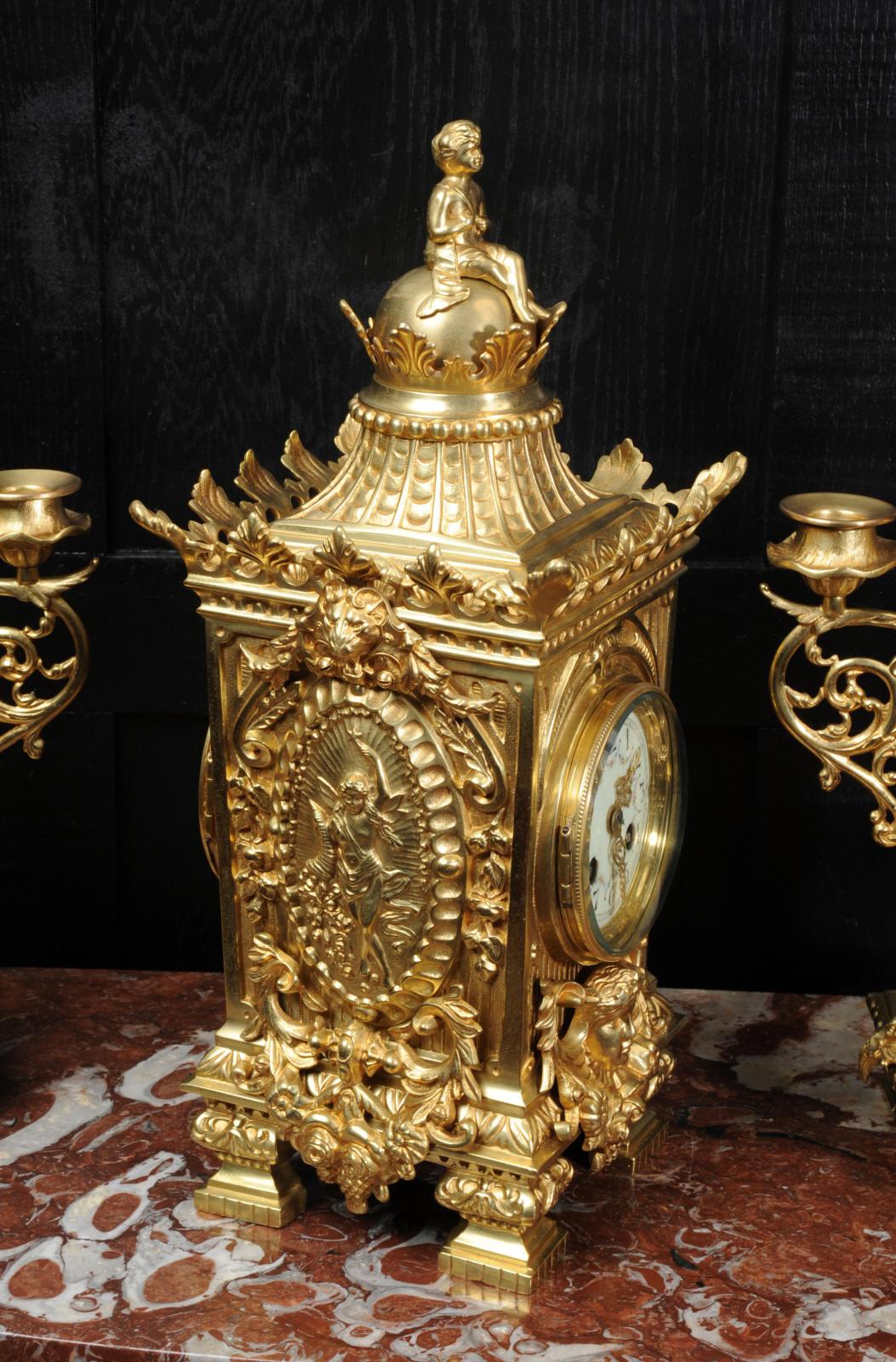 Japy Freres Louis XVI Antique French Gilt Bronze Clock Set For Sale 6