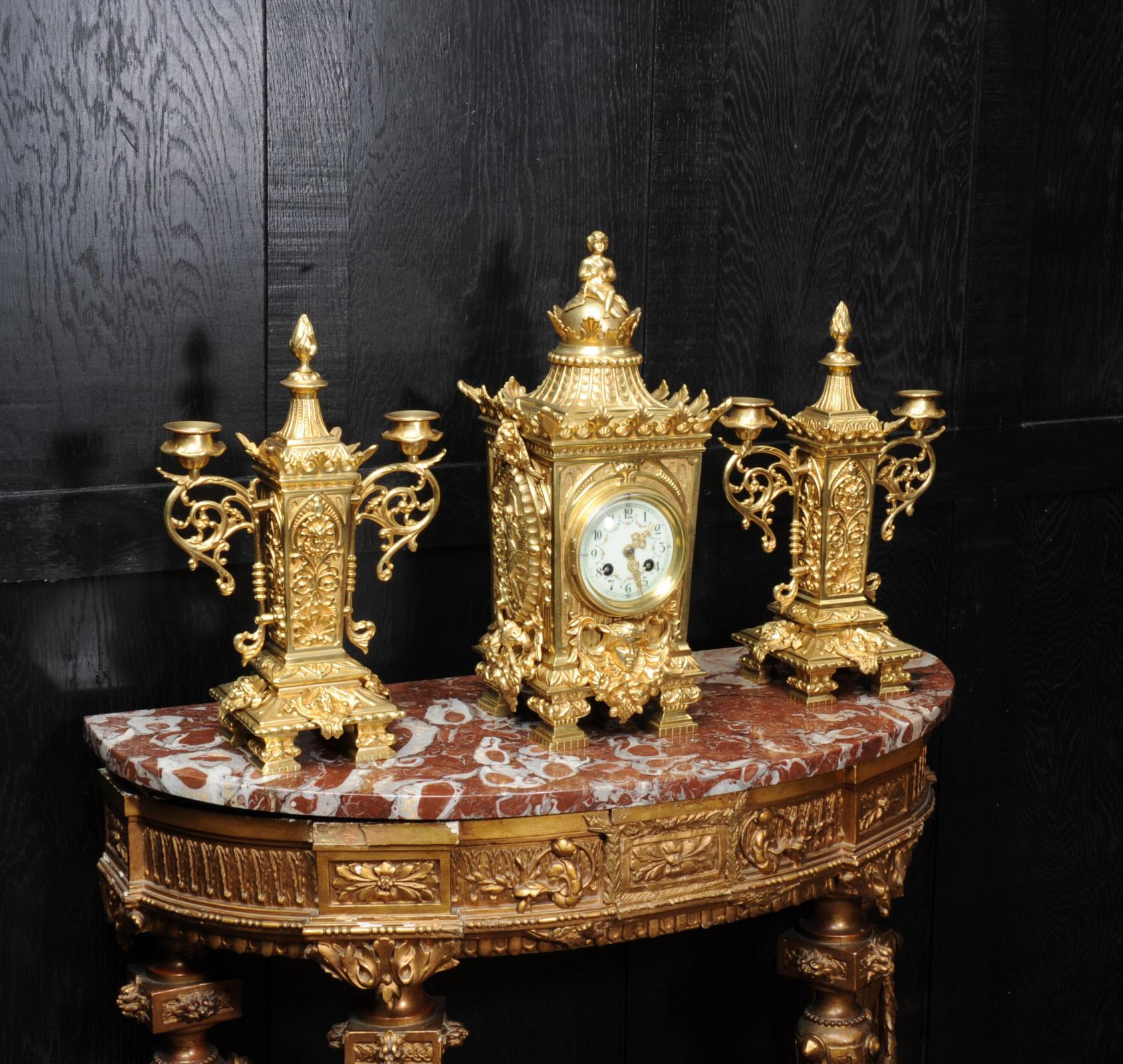 Japy Freres Louis XVI Antique French Gilt Bronze Clock Set In Good Condition For Sale In Belper, Derbyshire